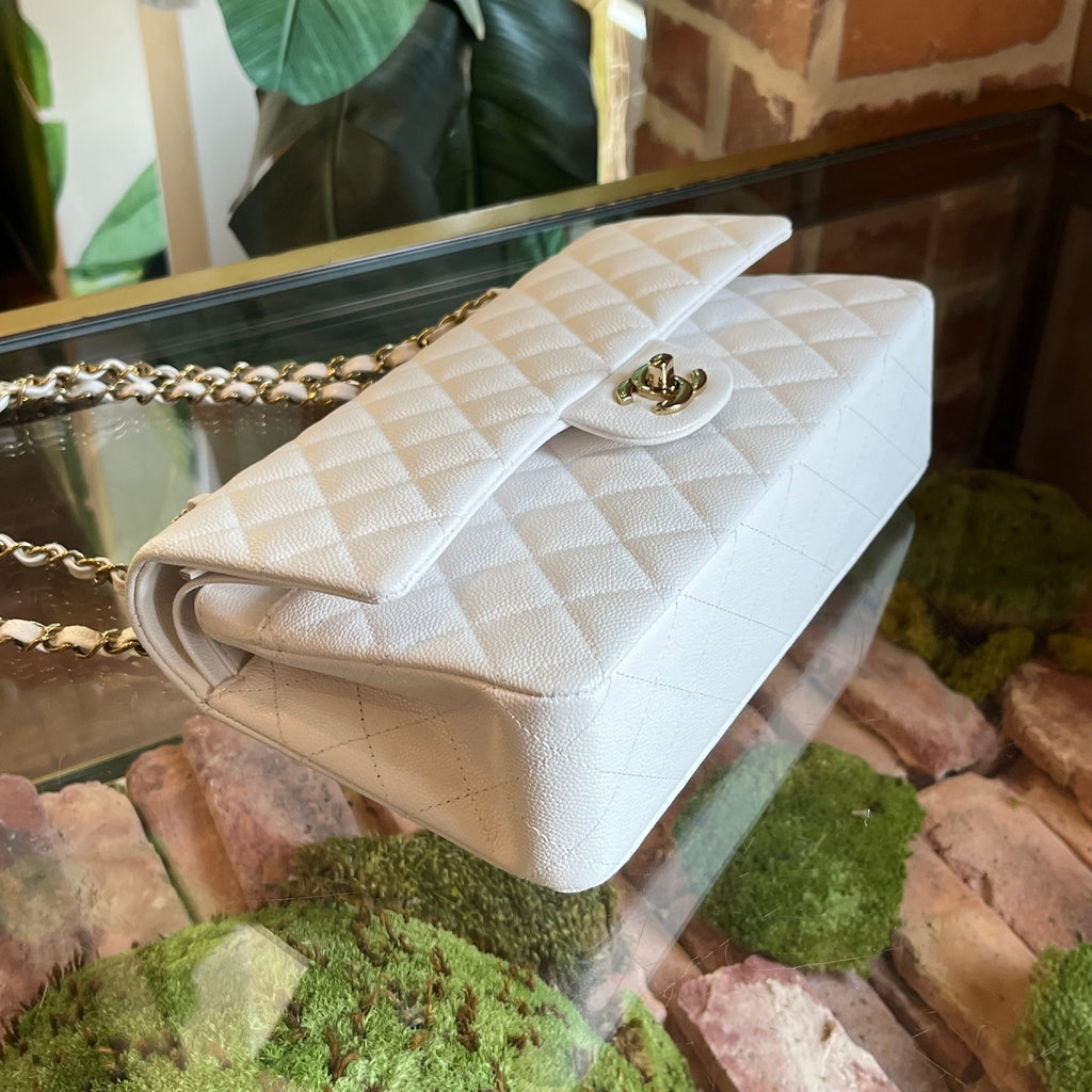 CHANEL Medium Double Flap White Caviar Leather Shoulder Bag