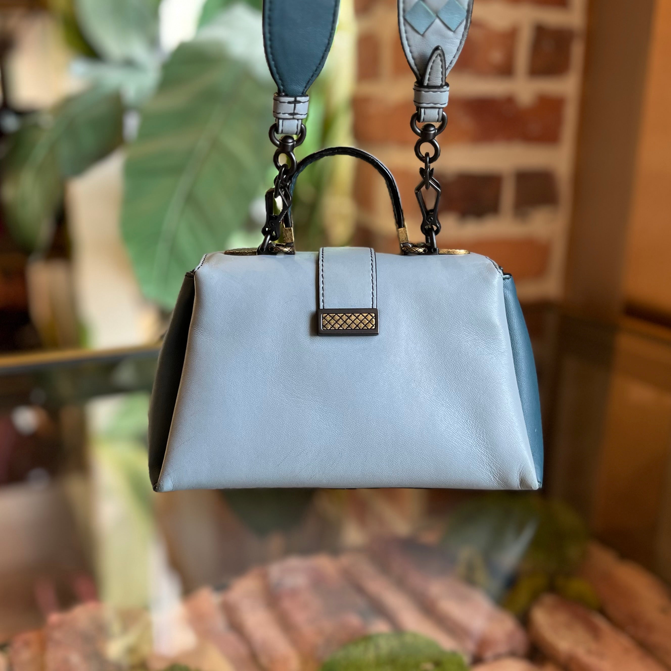 BOTTEGA VENETA Small Piazza Blue Nappa Leather Top Handle Bag