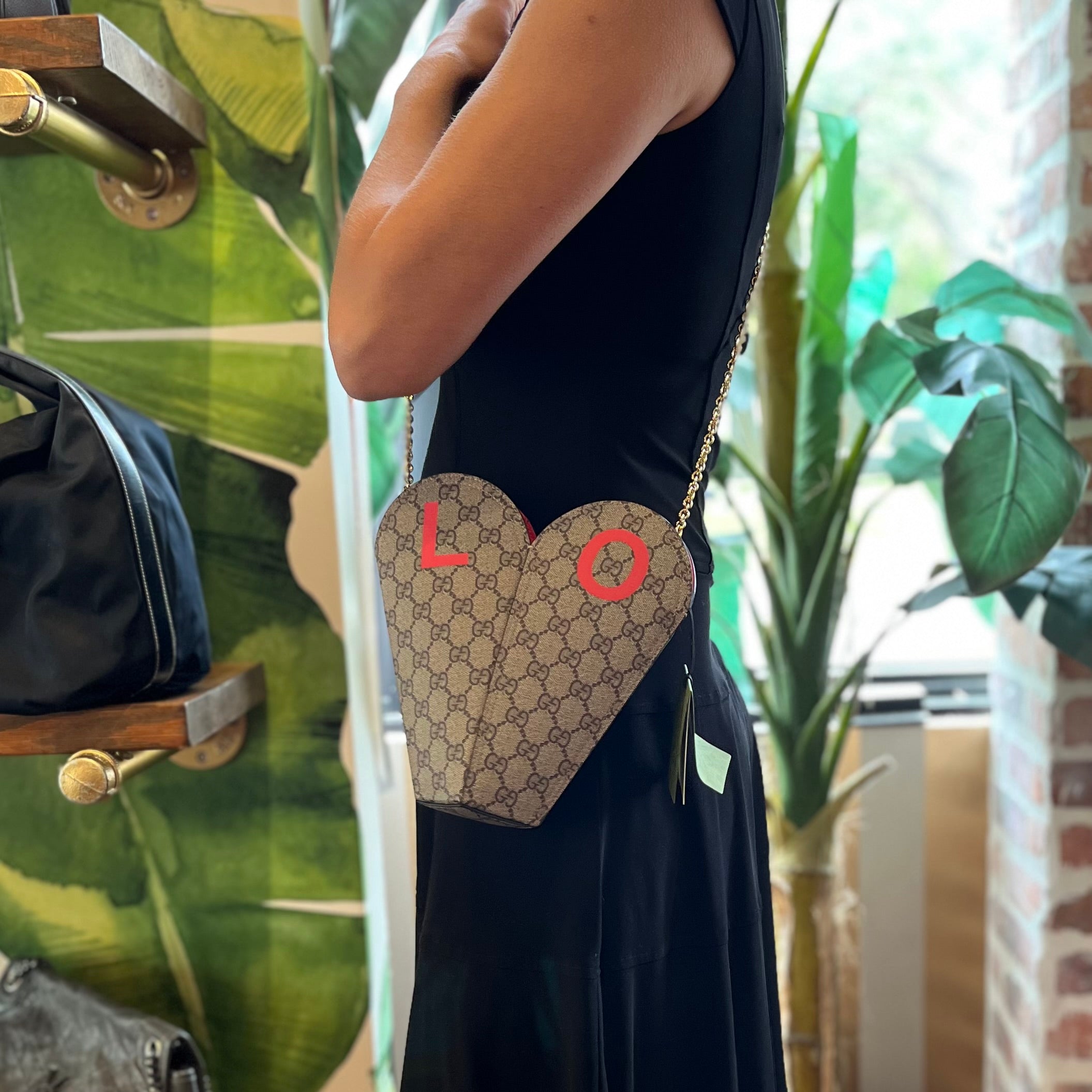 GUCCI Valentine's Day LOVE Heart Beige Ebony GG Coated Canvas Crossbody Bag