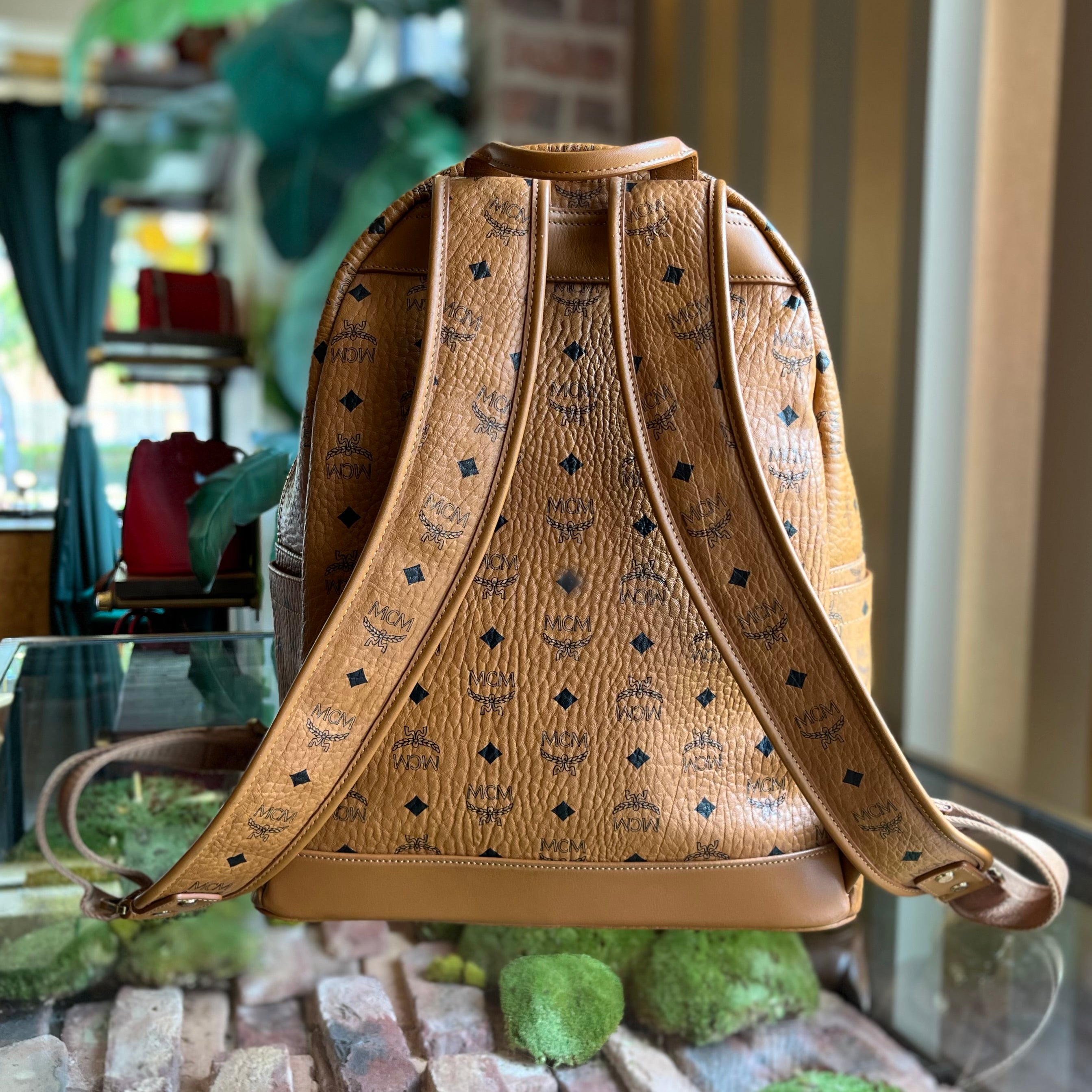 MCM Medium Dual Stark Cognac Visetos Monogram Studded Backpack