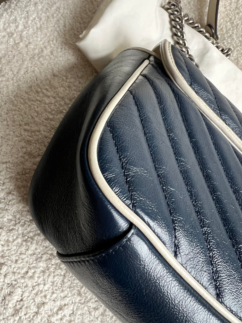 Gucci GG Navy and White Torchon Marmont Small Shoulder Bag