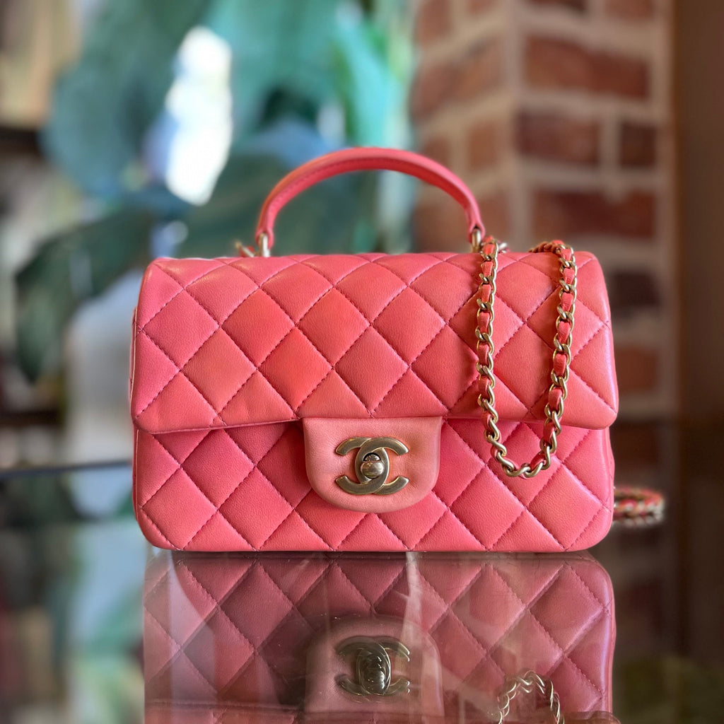 CHANEL Rectangular Mini Flap Pink Orange Lambskin Leather Top Handle