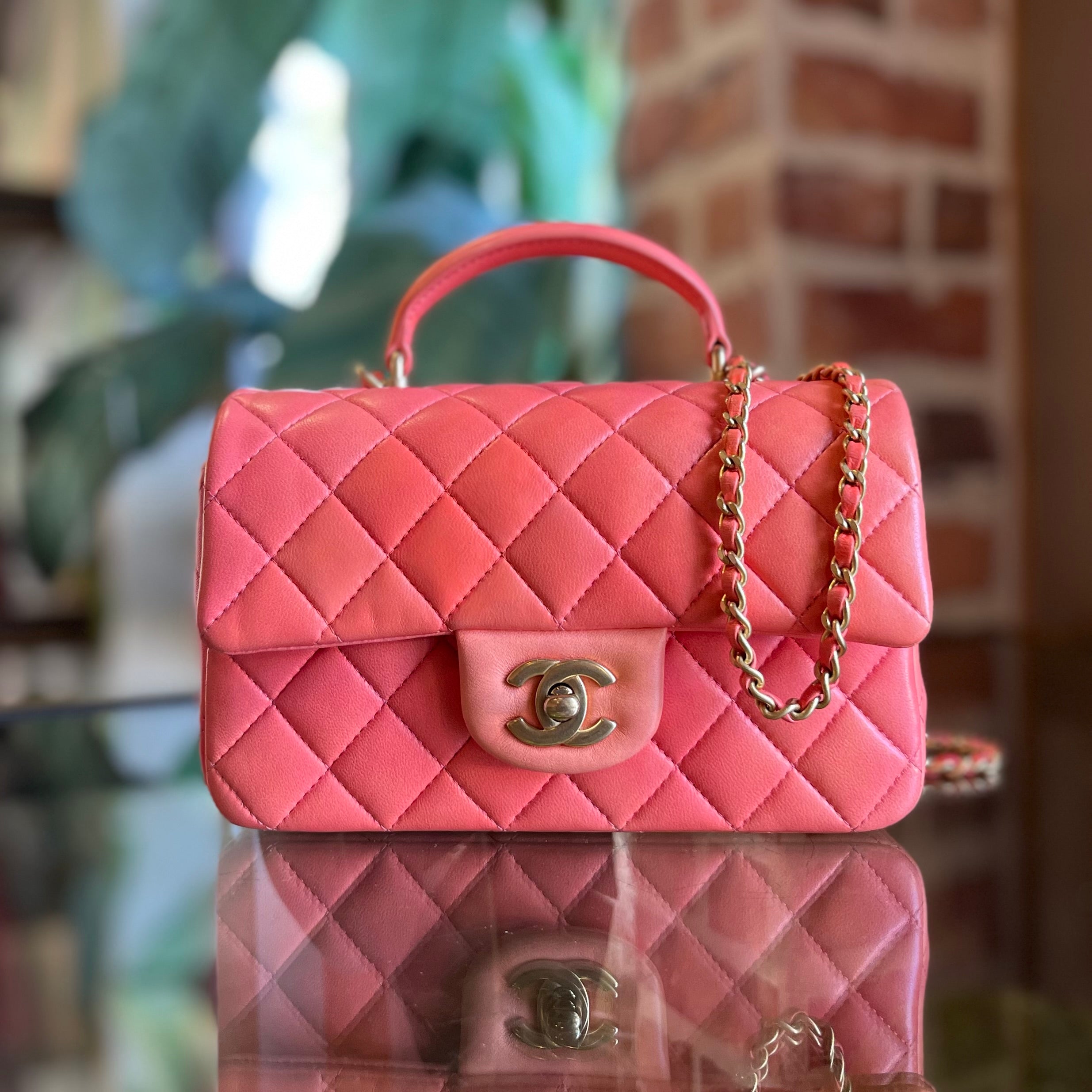 CHANEL Rectangular Mini Flap Pink Orange Lambskin Leather Top Handle