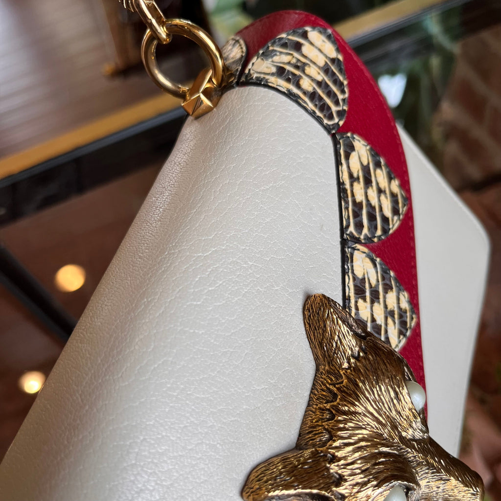 GUCCI White Red Goatskin Snakeskin Fox Broche Shoulder Bag