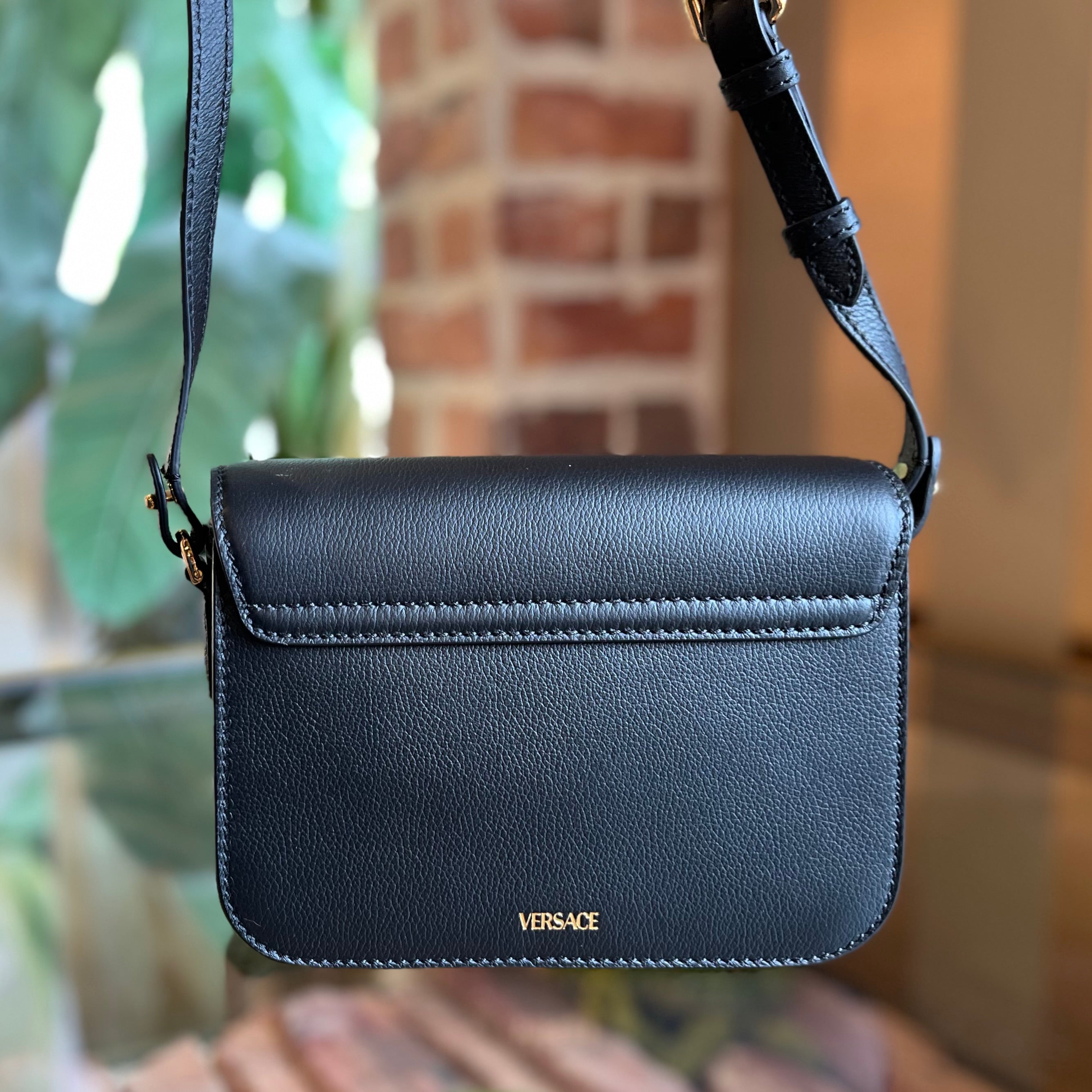 VERSACE Black Medusa Grained Calfskin Flap Shoulder Bag