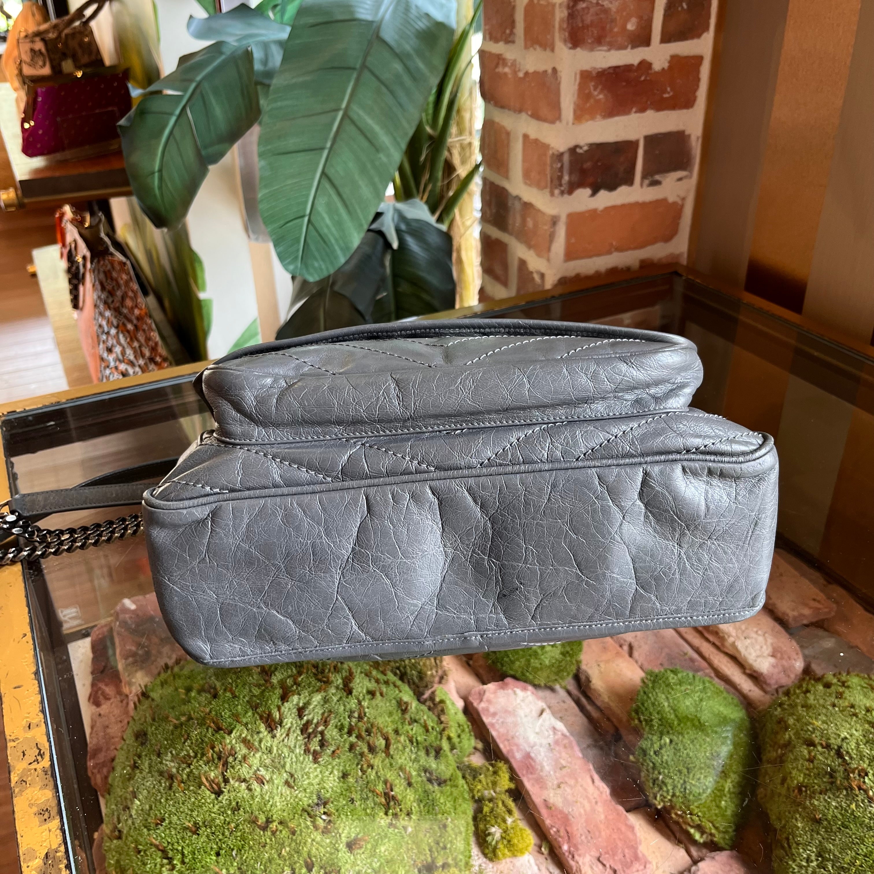 SAINT LAURENT Medium Niki Grey Quilted Crinkled Leather Shoulder Bag