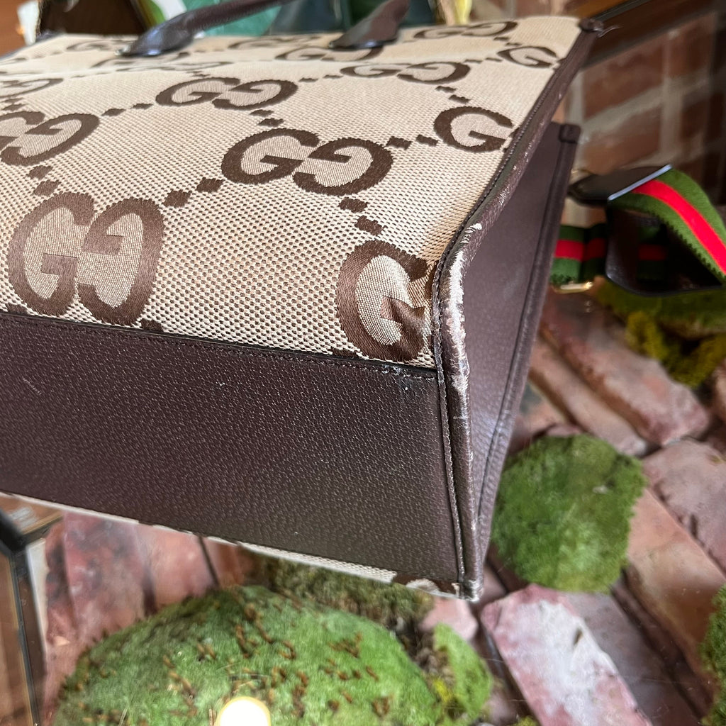 GUCCI Beige Monogram Jumbo GG Textured Dollar Calfskin Web Tote