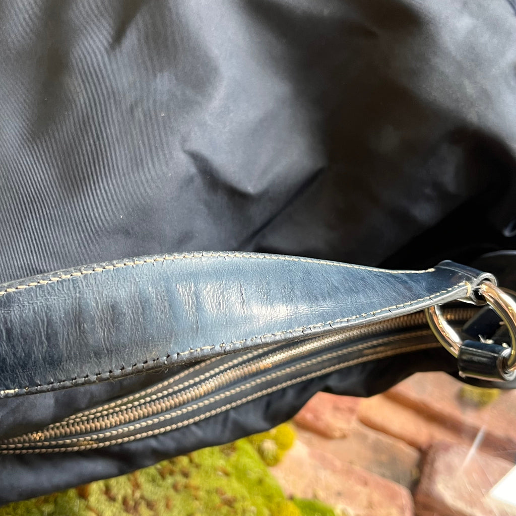 PRADA Navy Blue Nylon Embossed Leather Logo Hobo Bag
