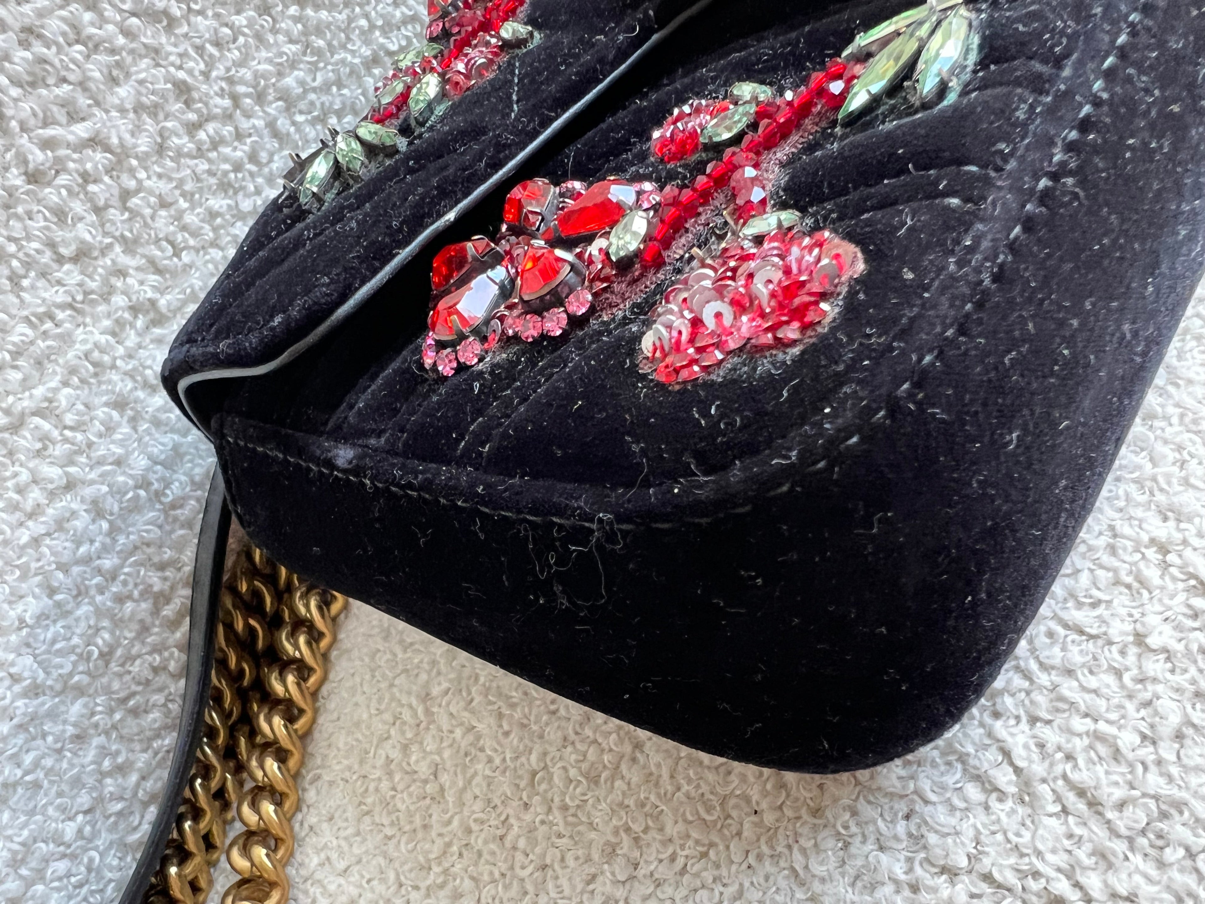 Gucci GG Black Velvet Embellished Marmont Mini Shoulder Bag