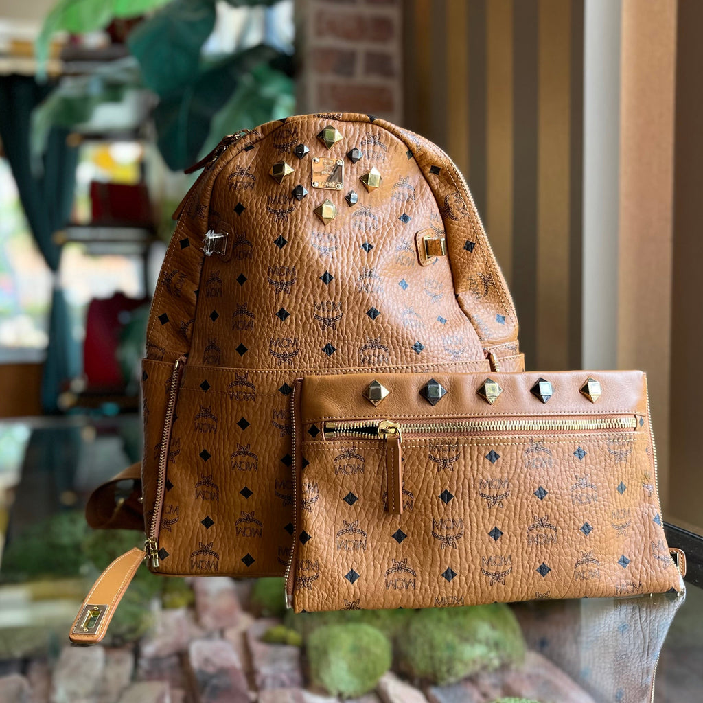 MCM Medium Dual Stark Cognac Visetos Monogram Studded Backpack