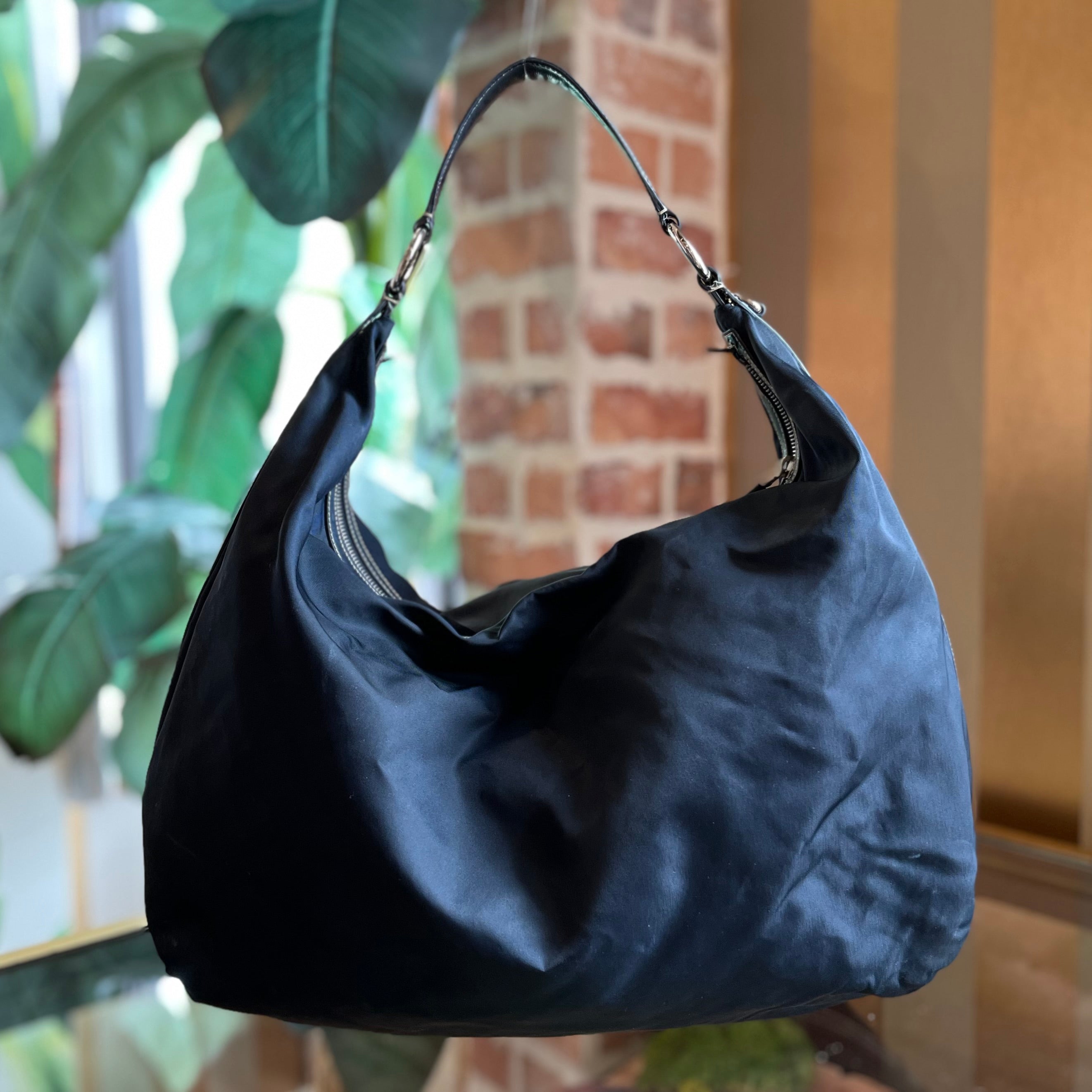 PRADA Navy Blue Nylon Embossed Leather Logo Hobo Bag