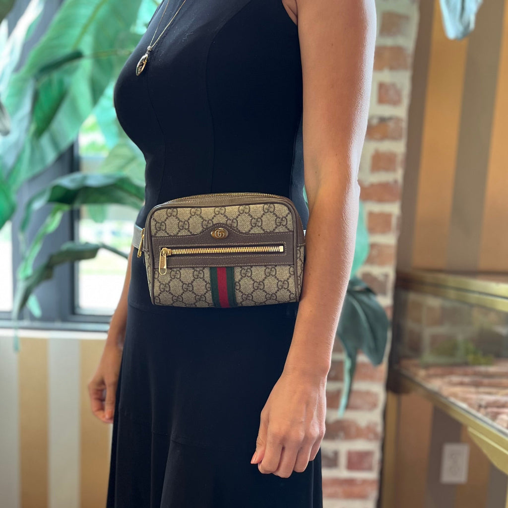 GUCCI Ophidia Beige Ebony GG Supreme Monogram Canvas Belt Bag SZ75/30(2US)
