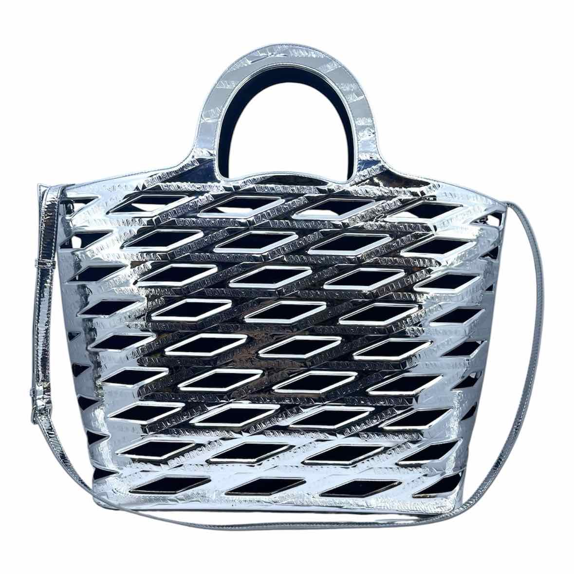 BALENCIAGA Neo 2way Basket Tote Silver Metallic Patent Leather Handbag