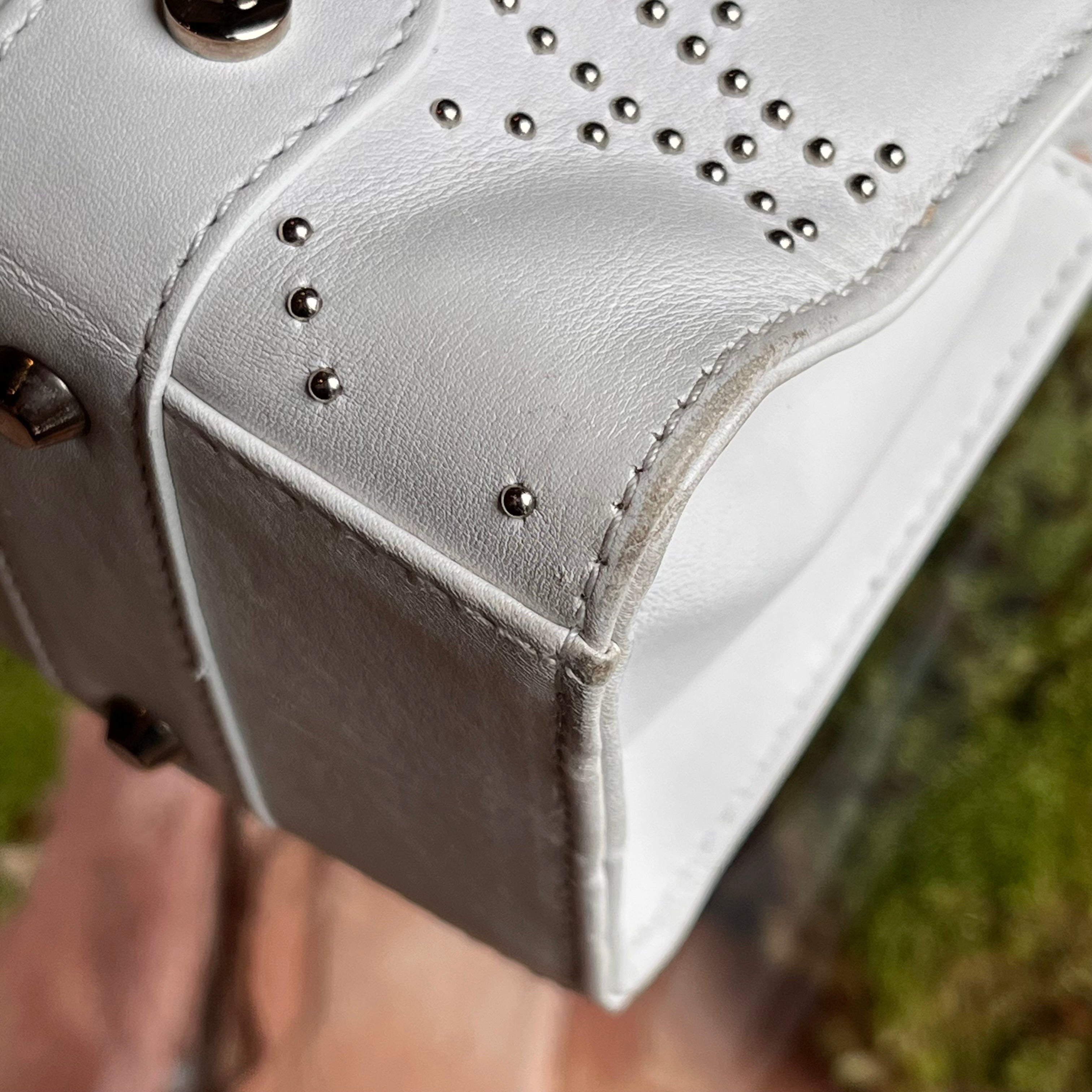DIOR Lady Dior East West White Calfskin Leather Studded Tote Bag