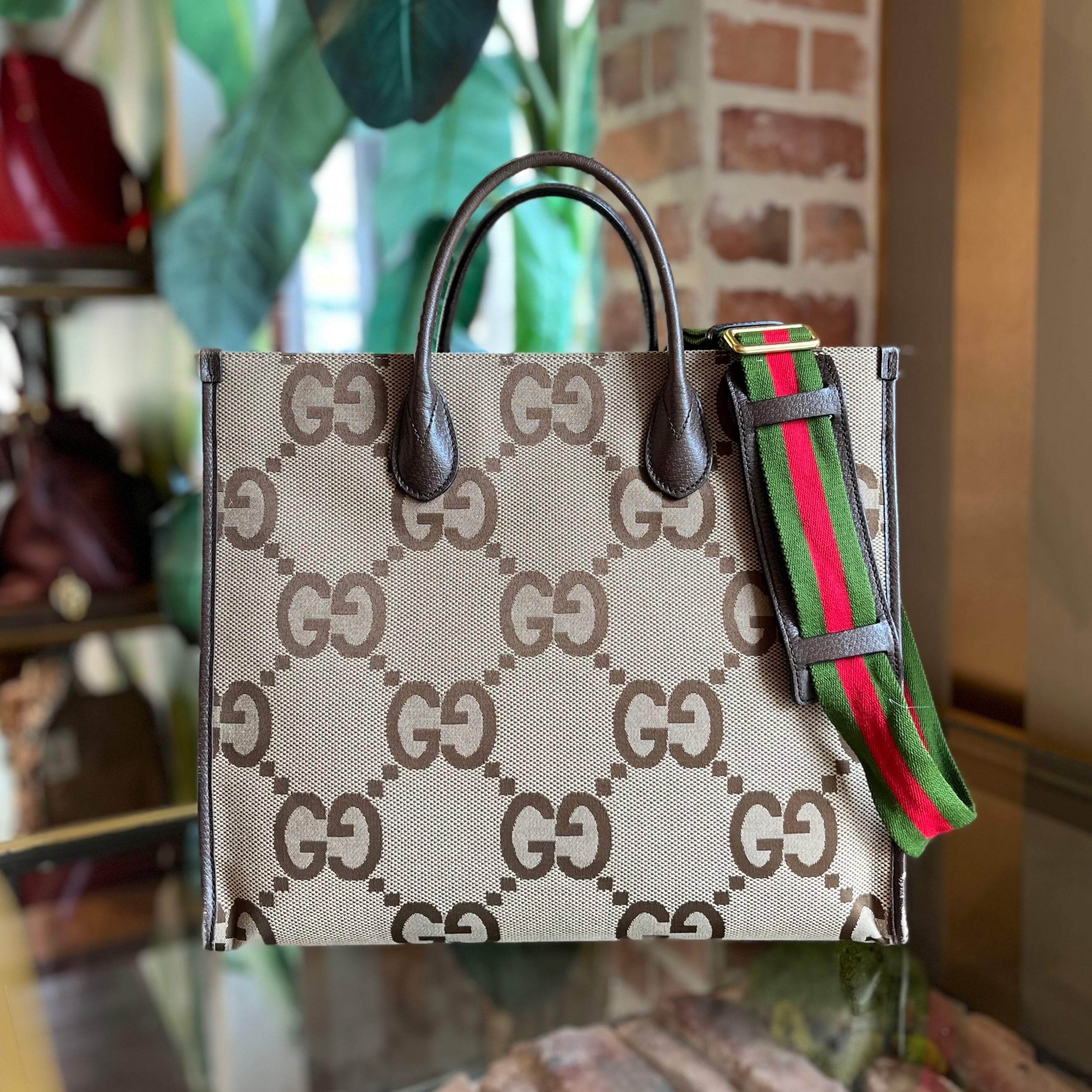 GUCCI Beige Monogram Jumbo GG Textured Dollar Calfskin Web Tote