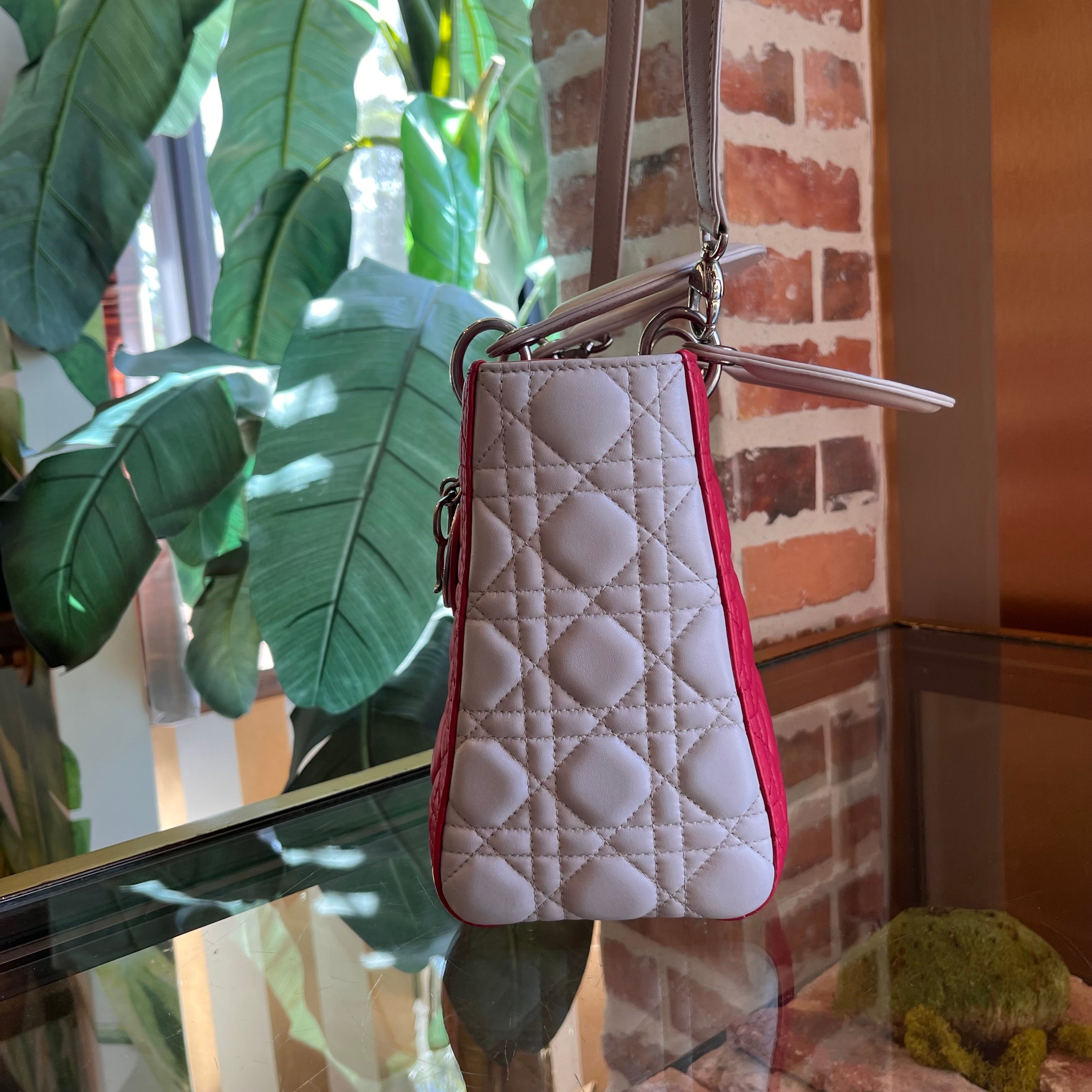 DIOR Lady Dior Medium Pink Gray Color Block Cannage Lambskin Tote