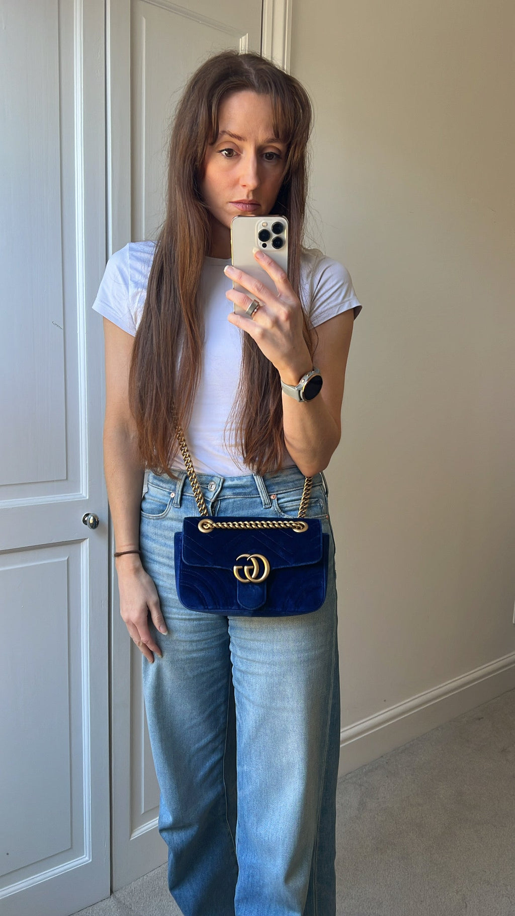 Gucci GG Blue Mini Velvet Marmont Mini Shoulder Bag