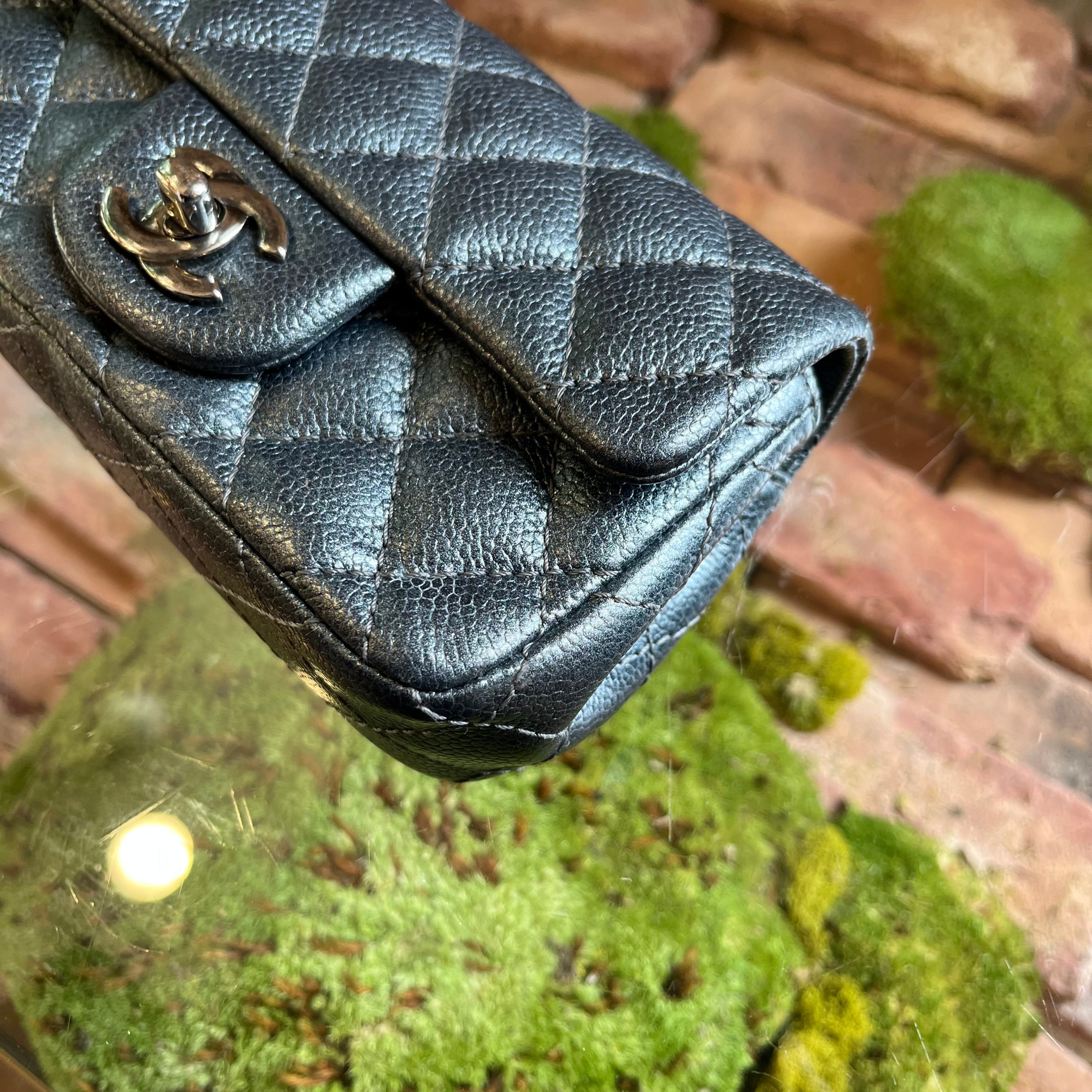 CHANEL Extra Mini Flap Metallic Blue Caviar Leather Rectangle Shoulder Bag