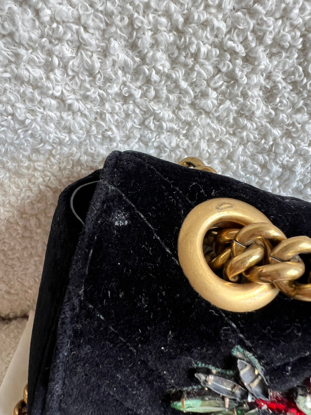 Gucci GG Black Velvet Embellished Marmont Mini Shoulder Bag