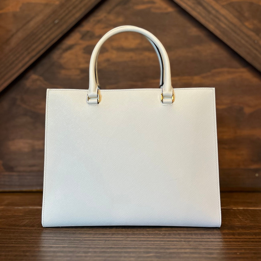 PRADA Medium Logo Embossed White Saffiano Lux Leather Shoulder Tote