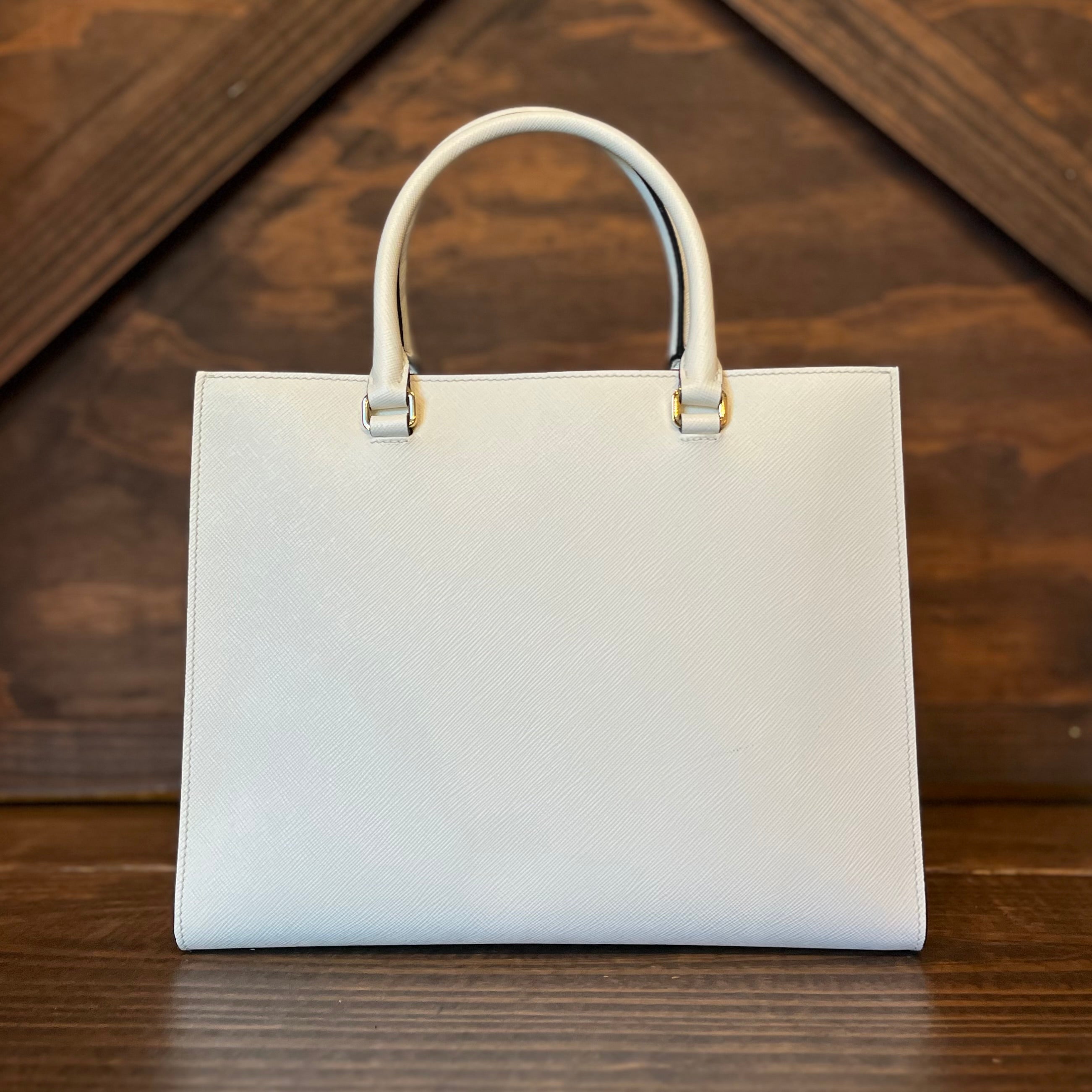 PRADA Medium Logo Embossed White Saffiano Lux Leather Shoulder Tote