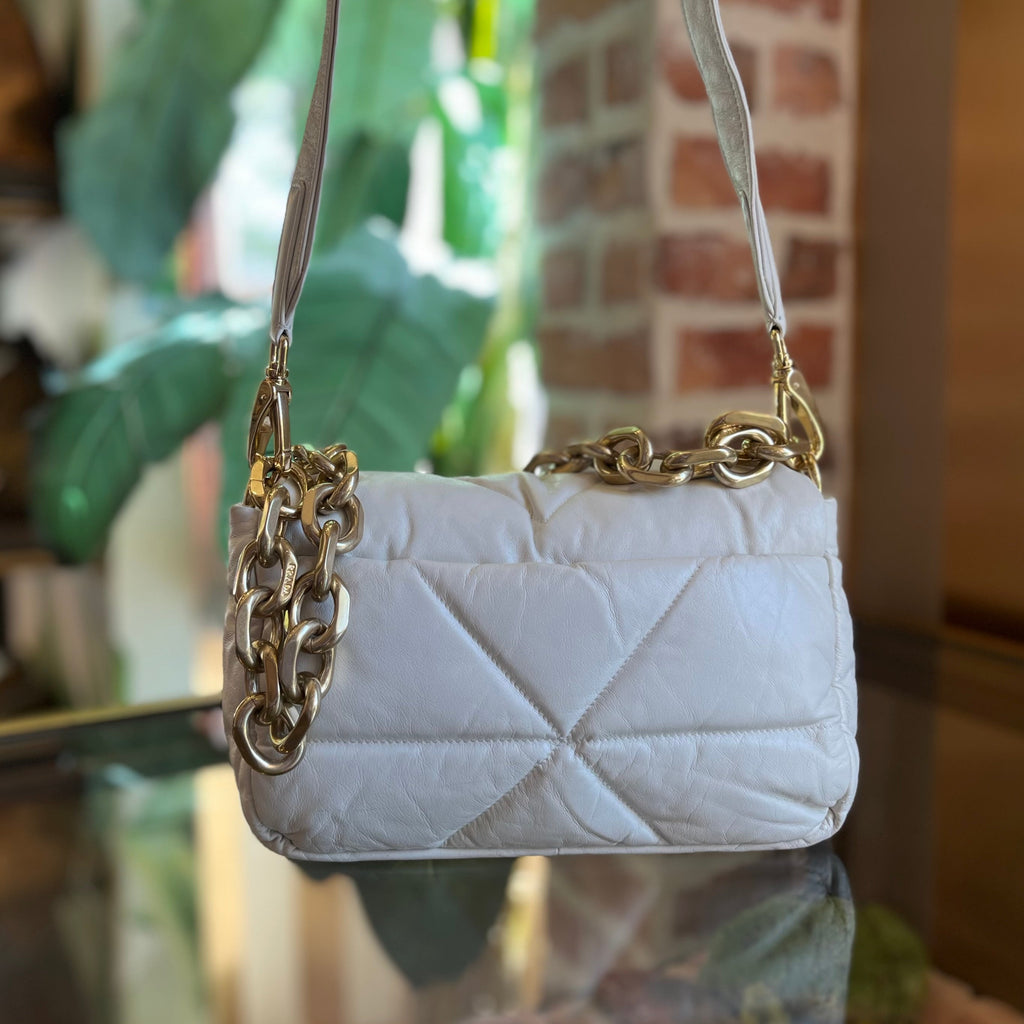 PRADA System Flap Small White Nappa Patchwork Quilted Leather Shoulder Bag