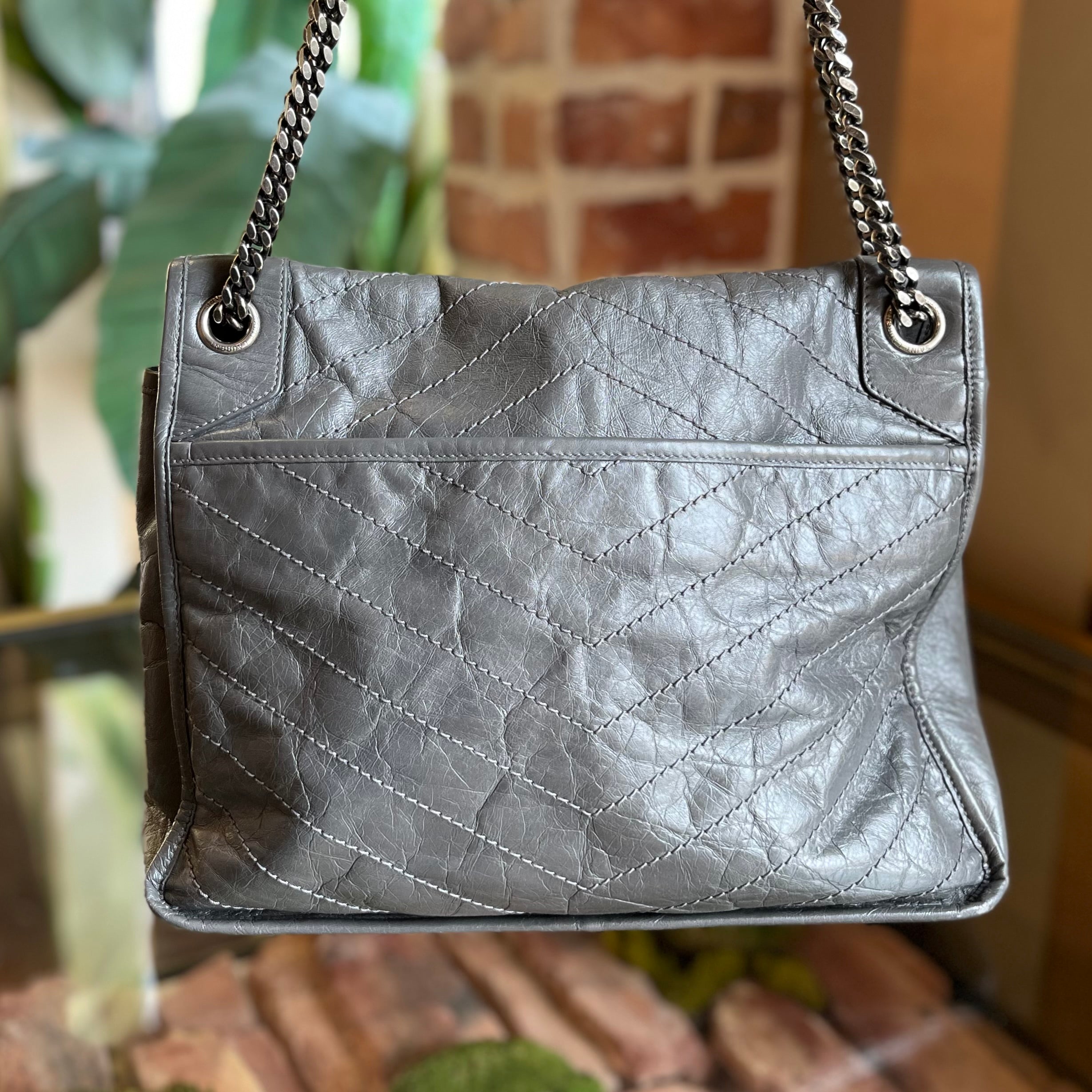 SAINT LAURENT Medium Niki Grey Quilted Crinkled Leather Shoulder Bag