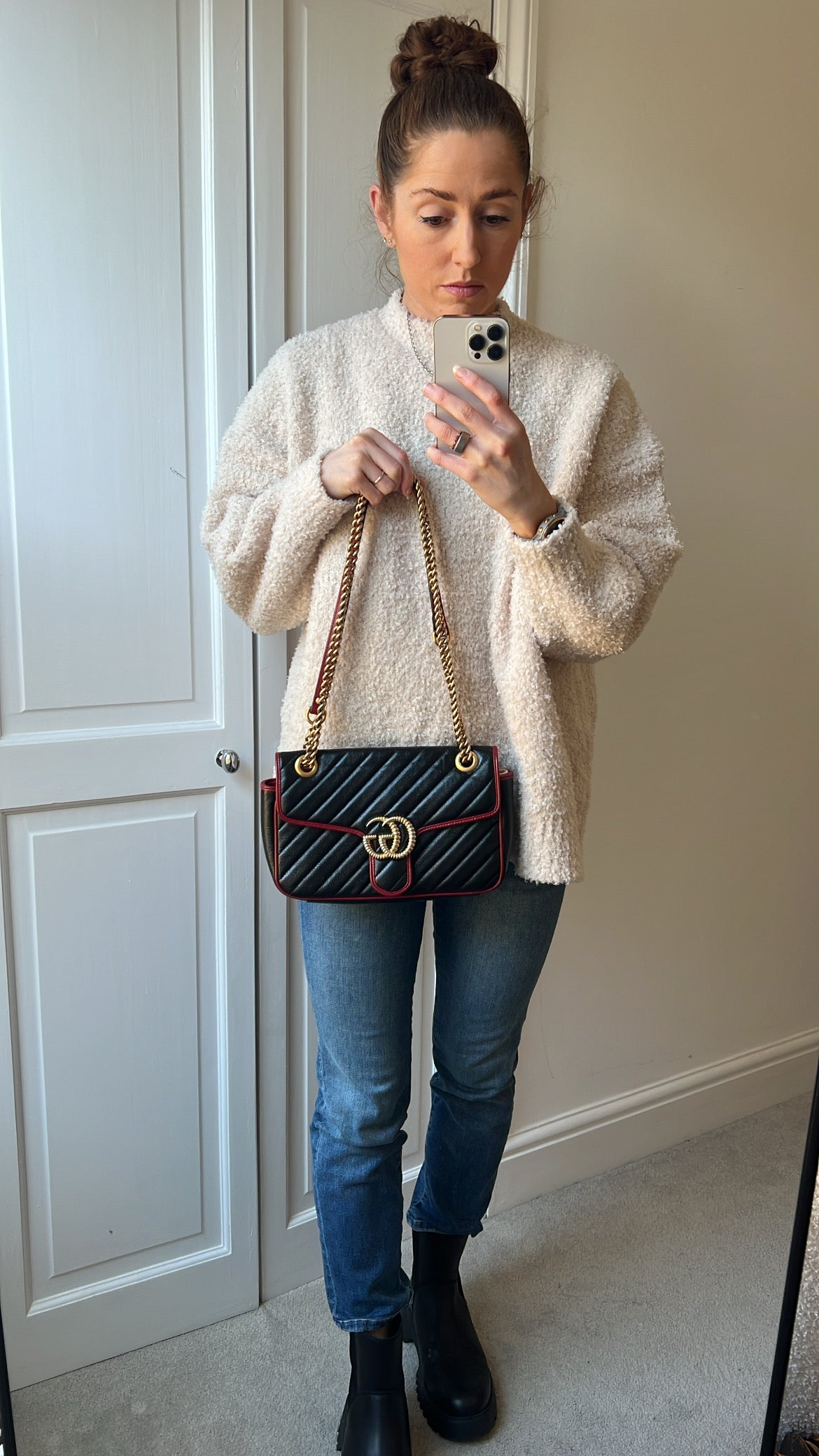 Gucci GG Black and Red Torchon Marmont Small Shoulder Bag