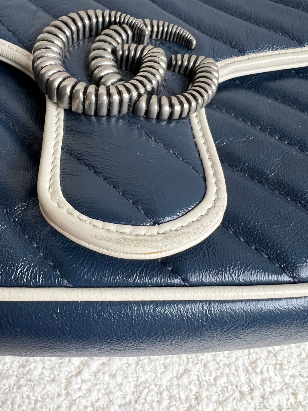 Gucci GG Navy and White Torchon Marmont Small Shoulder Bag