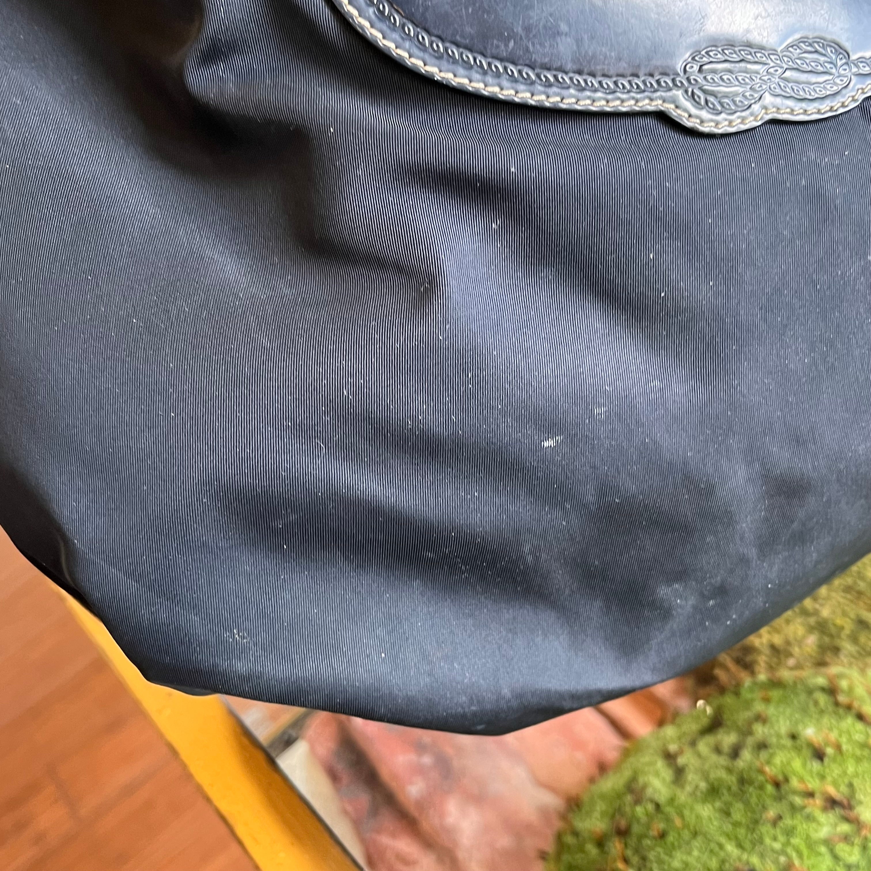 PRADA Navy Blue Nylon Embossed Leather Logo Hobo Bag