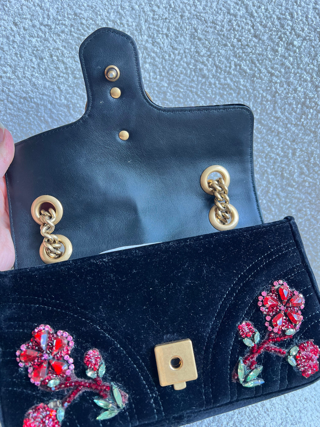 Gucci GG Black Velvet Embellished Marmont Mini Shoulder Bag