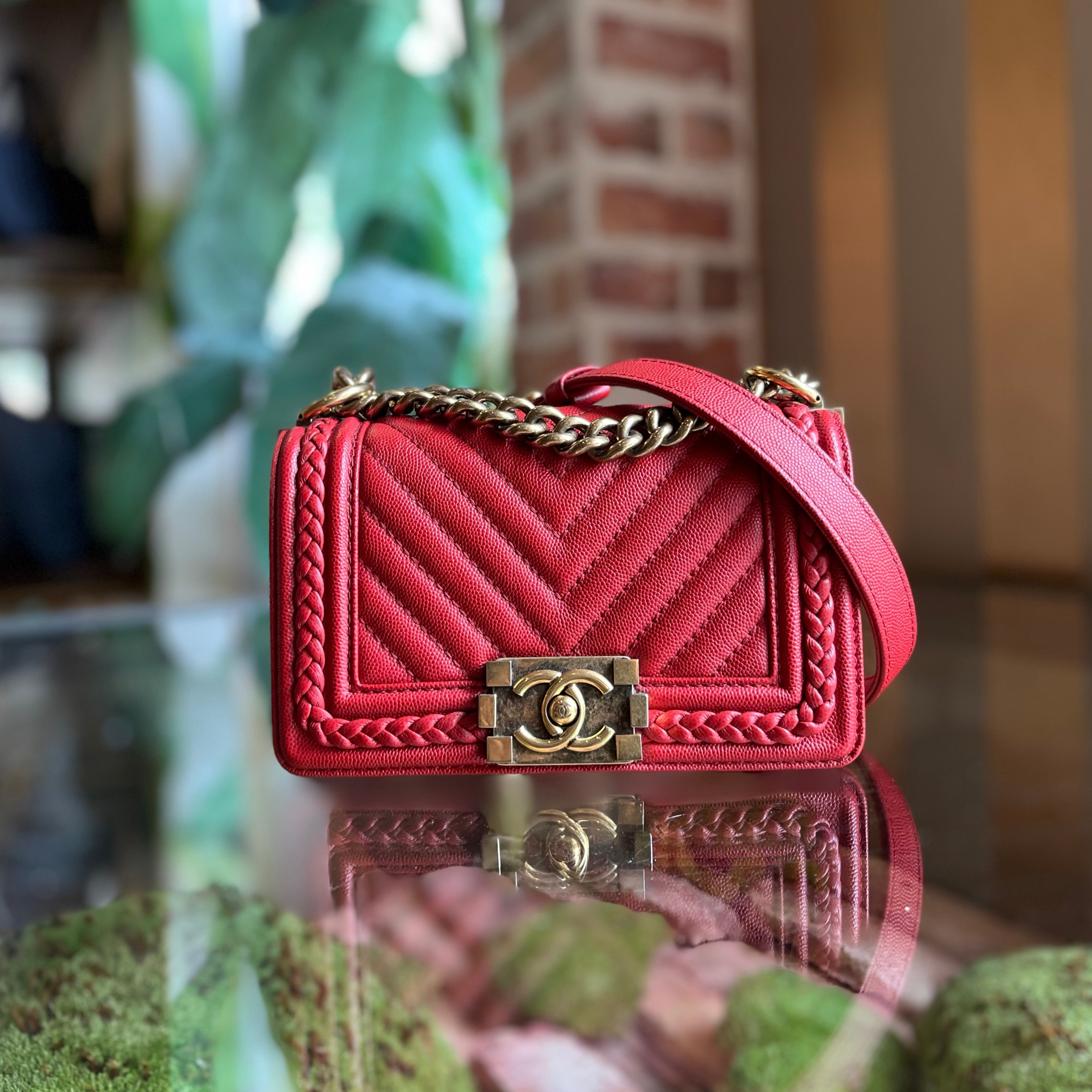 CHANEL Small Boy Bag Red Chevron Caviar Leather Braided Shoulder Bag