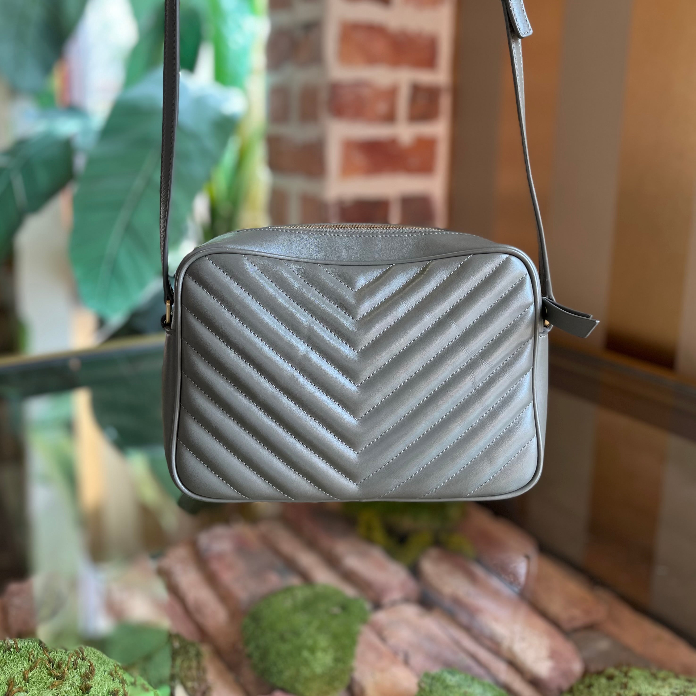SAINT LAURENT Lou Camera Gray Chevron Quilted Crossbody Bag