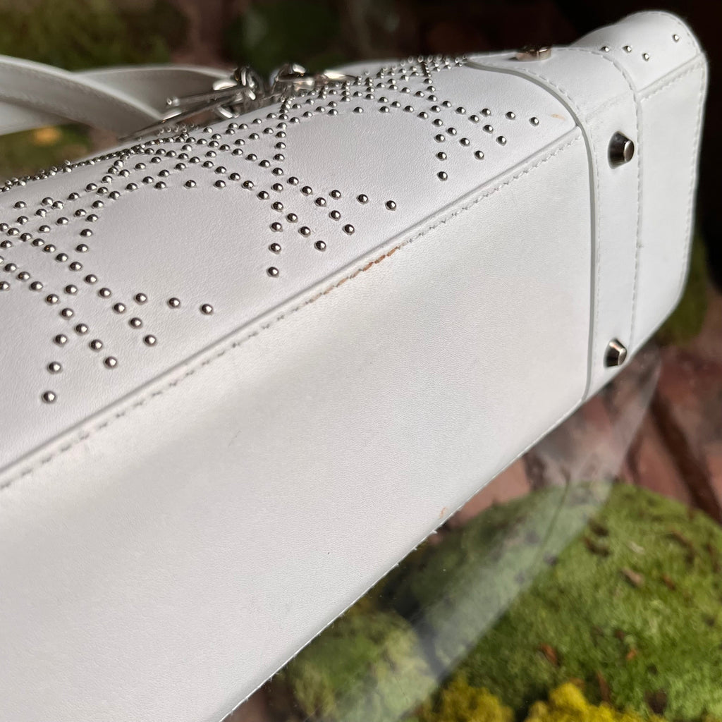 DIOR Lady Dior East West White Calfskin Leather Studded Tote Bag