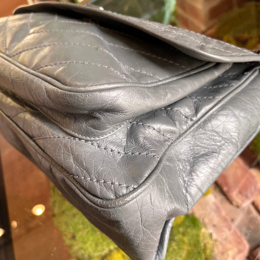 SAINT LAURENT Medium Niki Grey Quilted Crinkled Leather Shoulder Bag