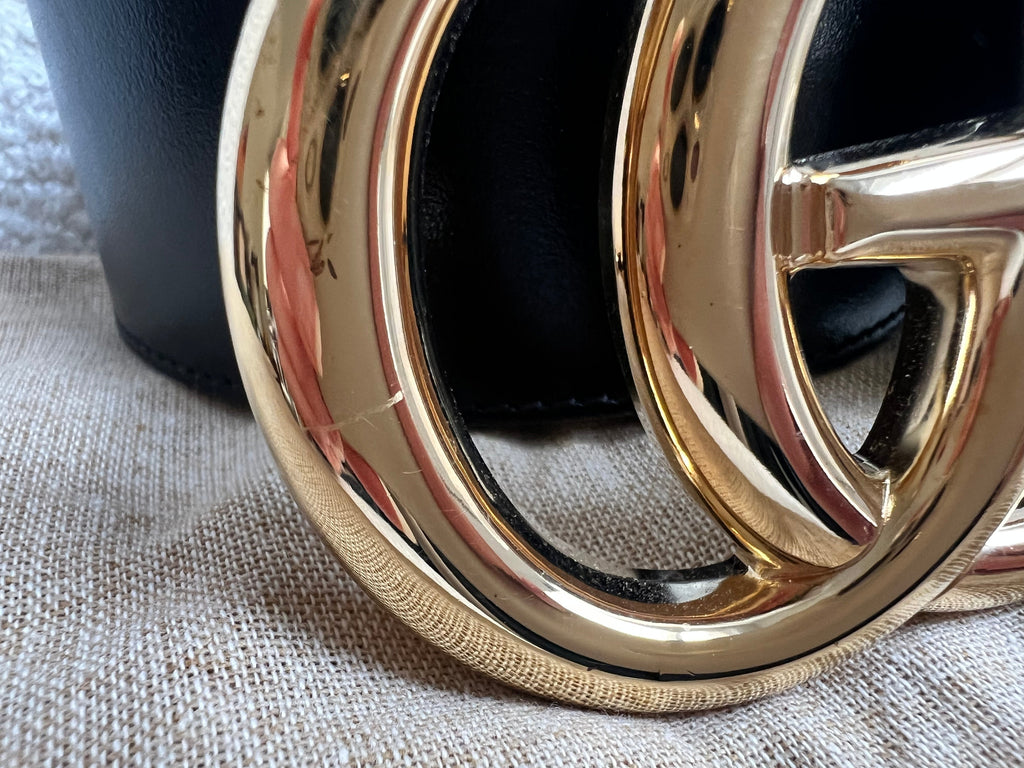 Gucci GG Marmont Black Wide Leather Belt with Shiny Gold Buckle (RRP £410)