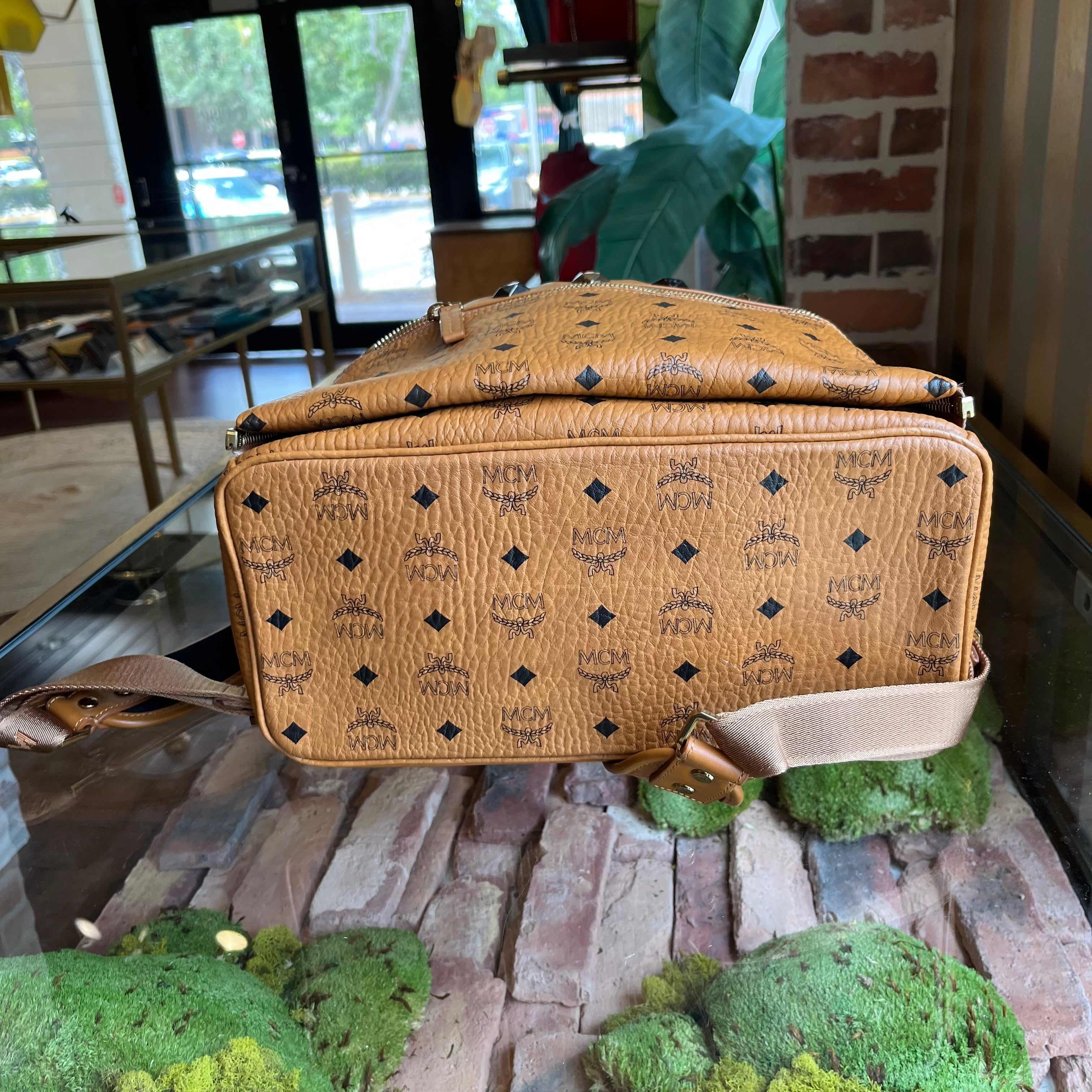 MCM Medium Dual Stark Cognac Visetos Monogram Studded Backpack