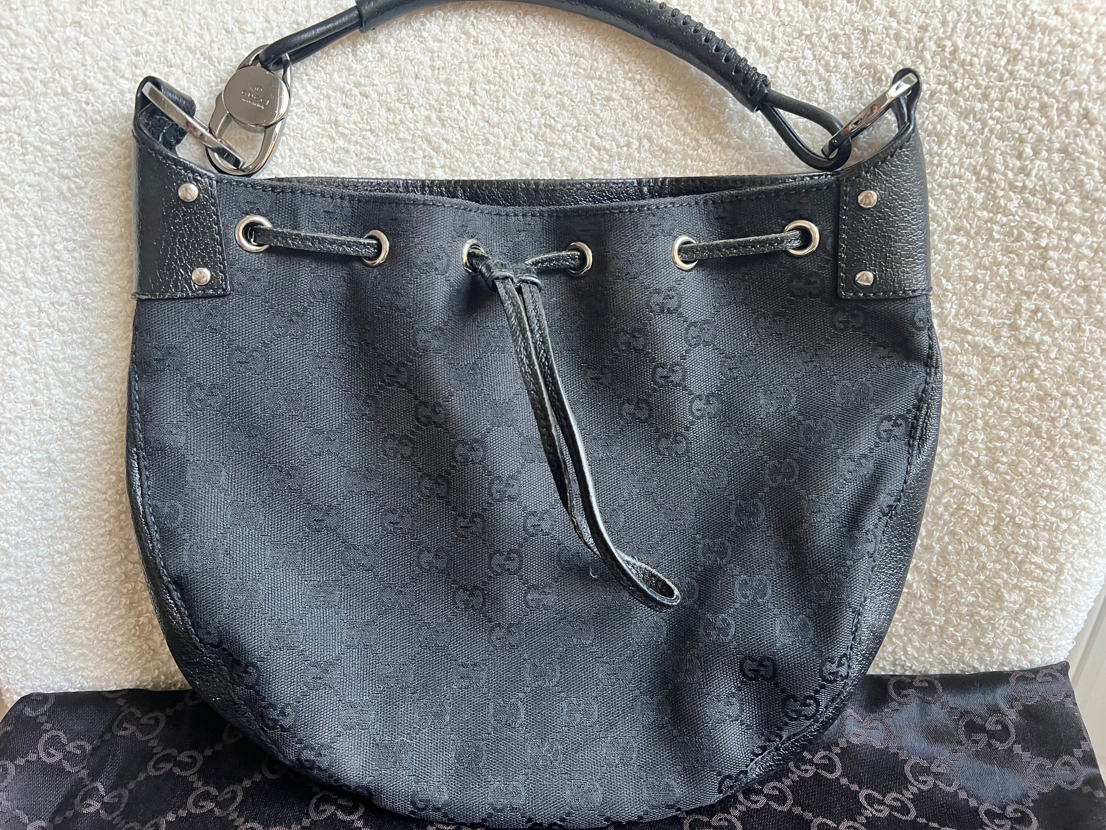 Gucci Black GG Canvas Drawstring Shoulder Bag