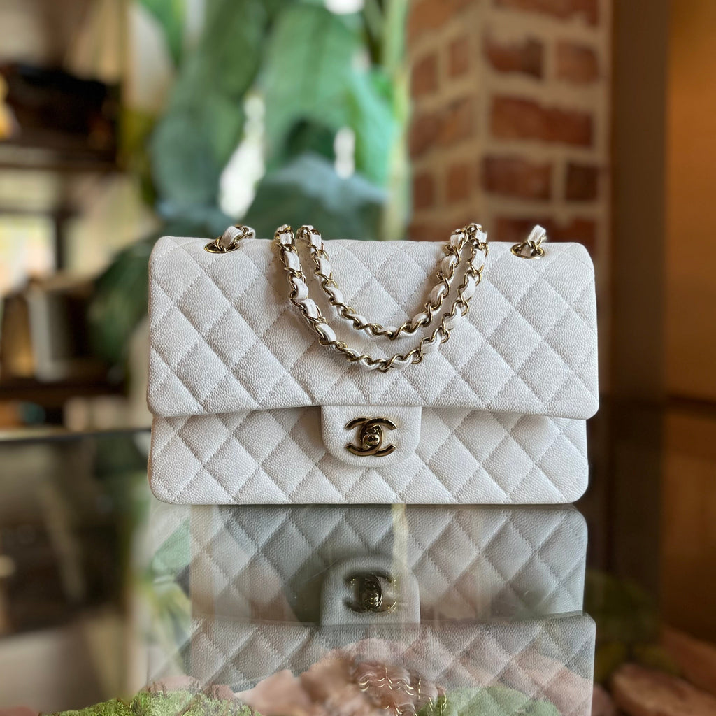 CHANEL Medium Double Flap White Caviar Leather Shoulder Bag
