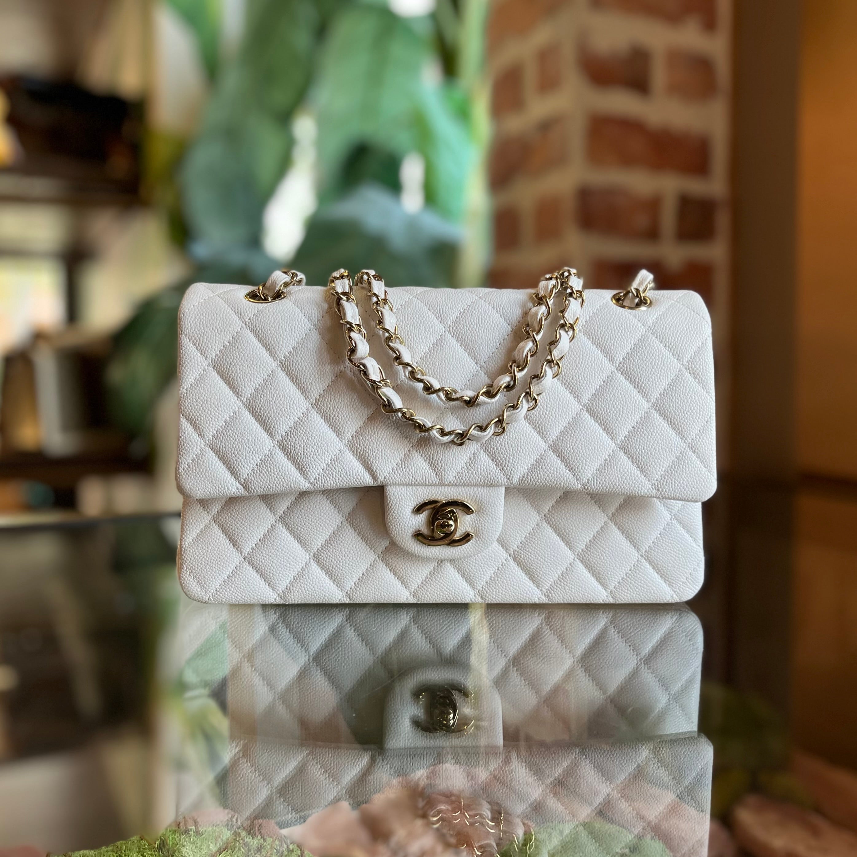CHANEL Medium Double Flap White Caviar Leather Shoulder Bag