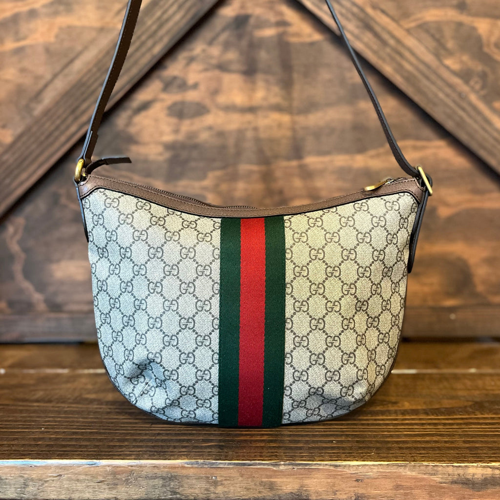 GUCCI Ophidia Half Moon Hobo Beige Ebony GG Coated Canvas Shoulder Bag