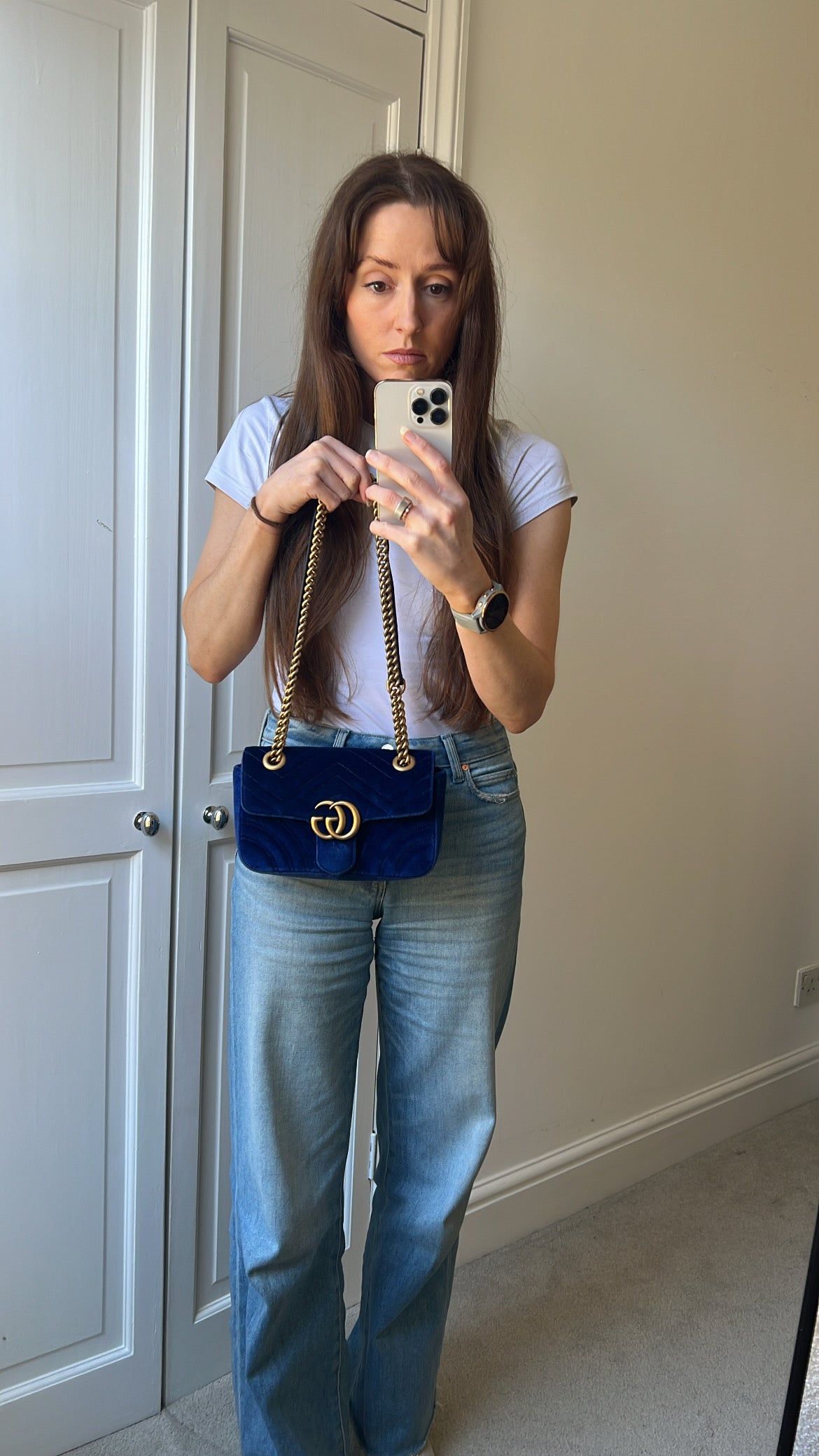 Gucci GG Blue Mini Velvet Marmont Mini Shoulder Bag