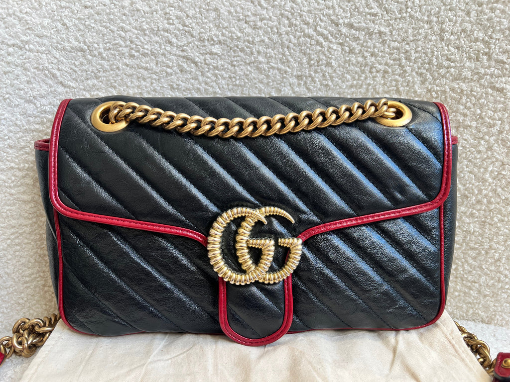 Gucci GG Black and Red Torchon Marmont Small Shoulder Bag