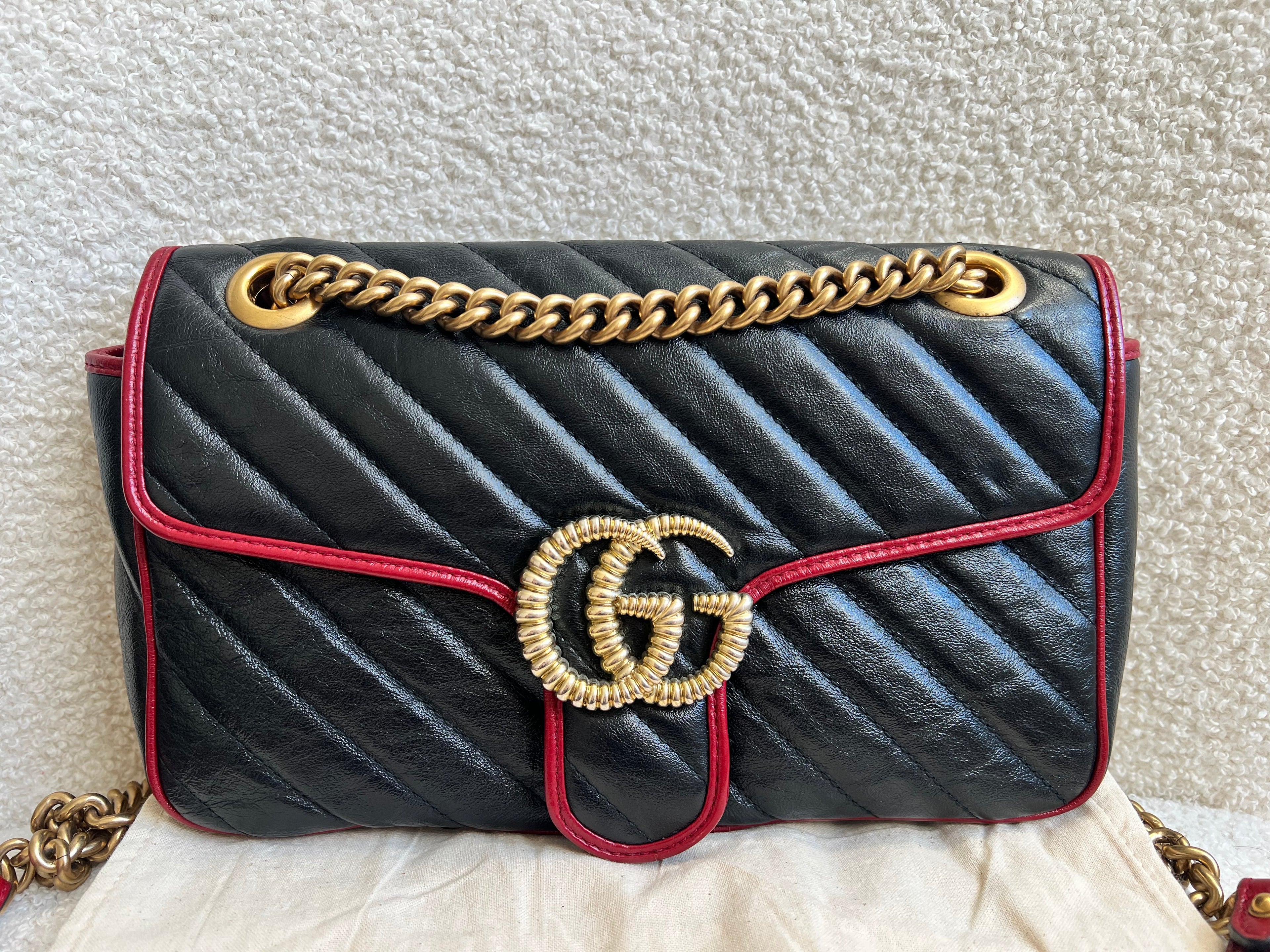 Gucci GG Black and Red Torchon Marmont Small Shoulder Bag