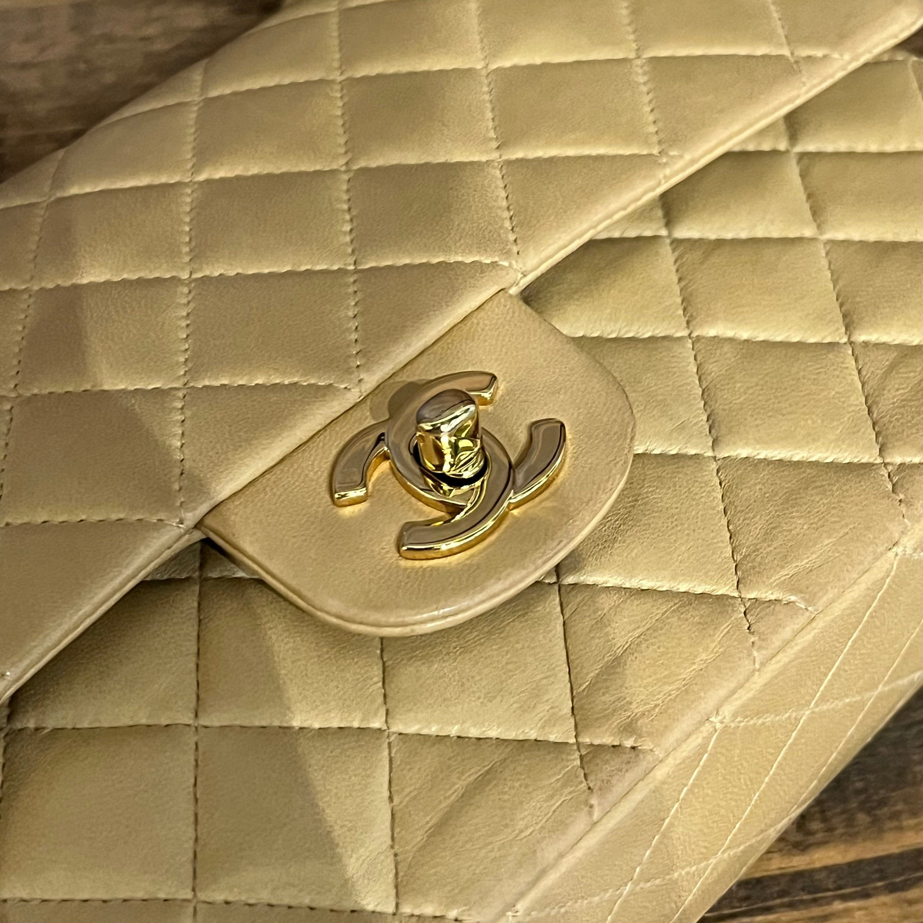 CHANEL Classic Double Flap Medium Beige Quilted Lambskin Vintage Shoulder Bag
