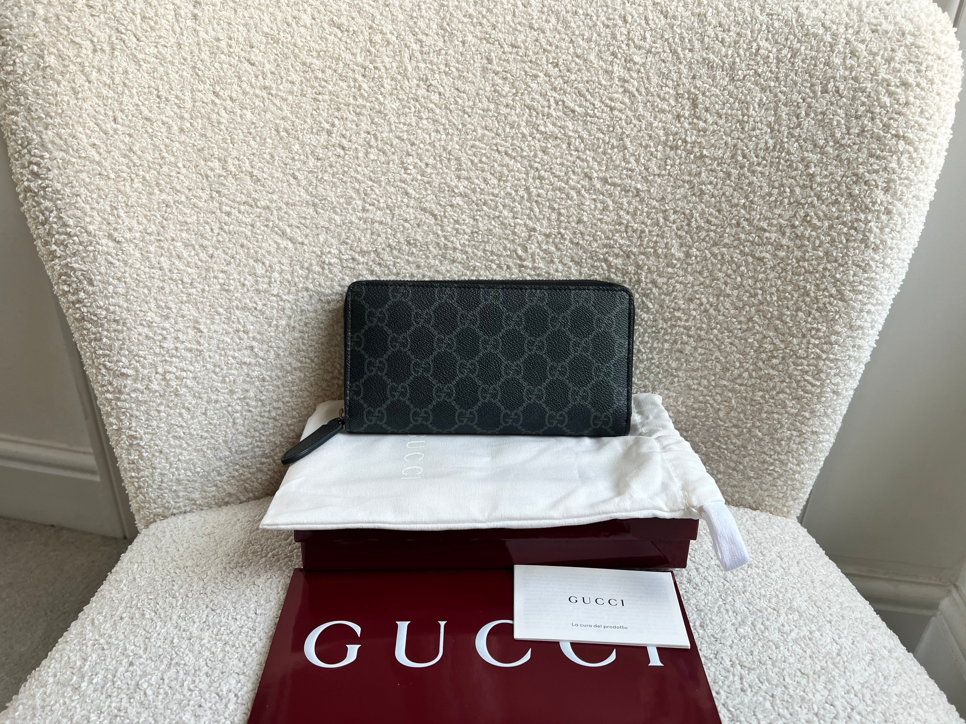 Gucci Black Grey GG Canvas zip around wallet