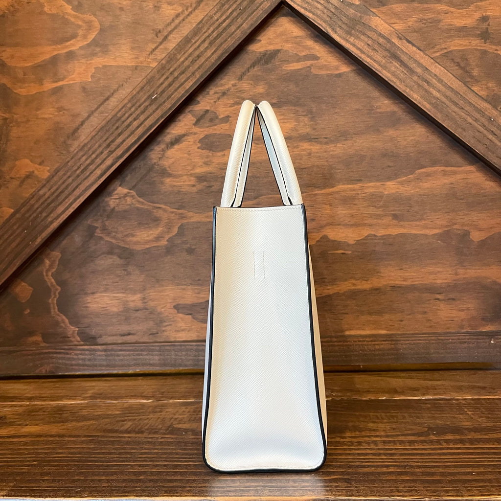 PRADA Medium Logo Embossed White Saffiano Lux Leather Shoulder Tote