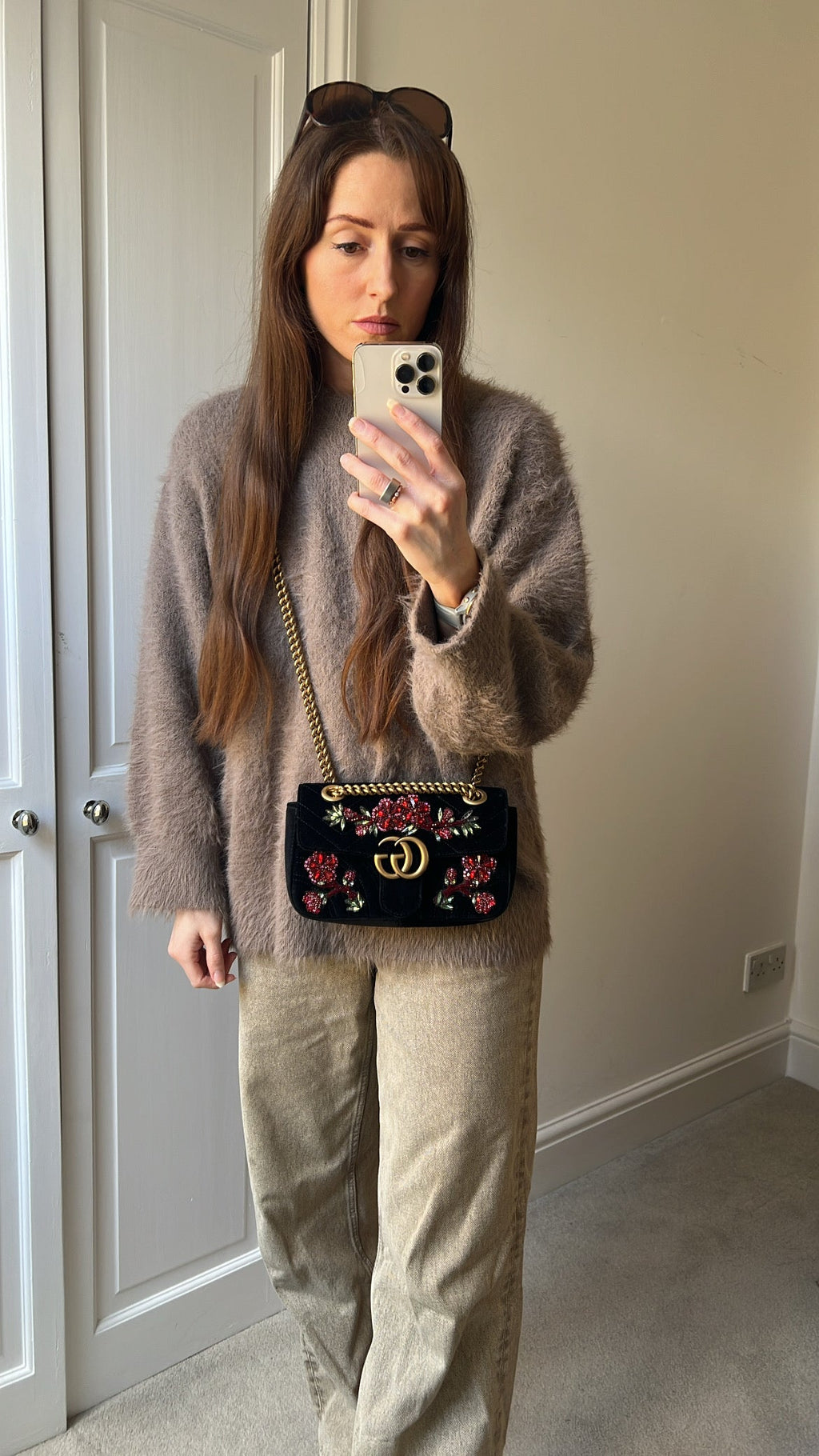 Gucci GG Black Velvet Embellished Marmont Mini Shoulder Bag