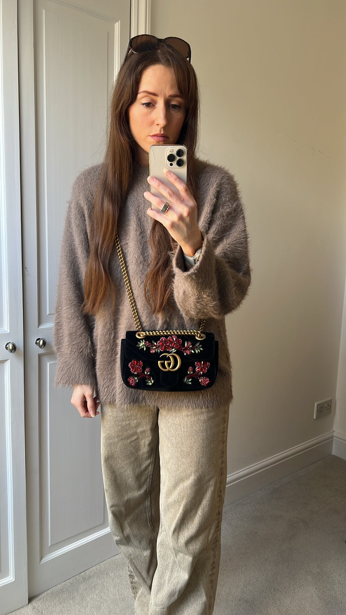 Gucci GG Black Velvet Embellished Marmont Mini Shoulder Bag
