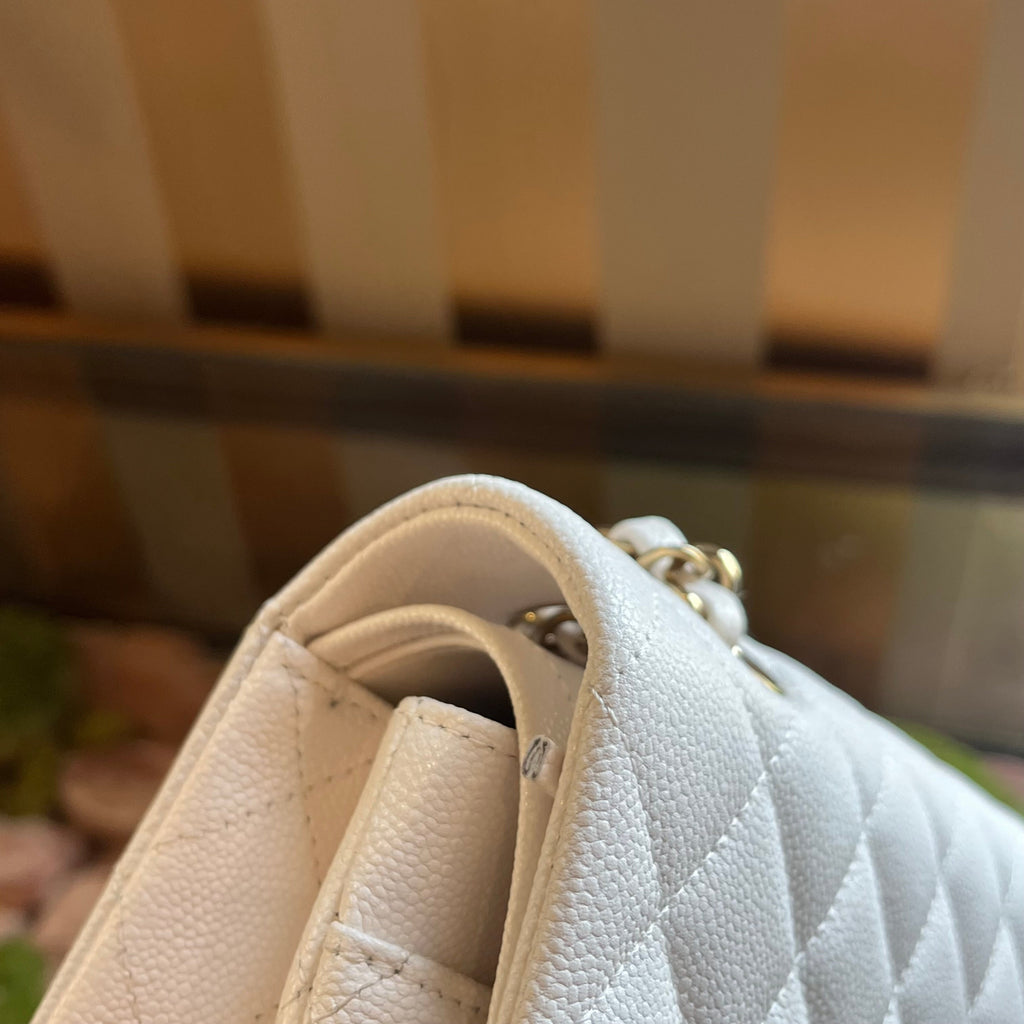 CHANEL Medium Double Flap White Caviar Leather Shoulder Bag